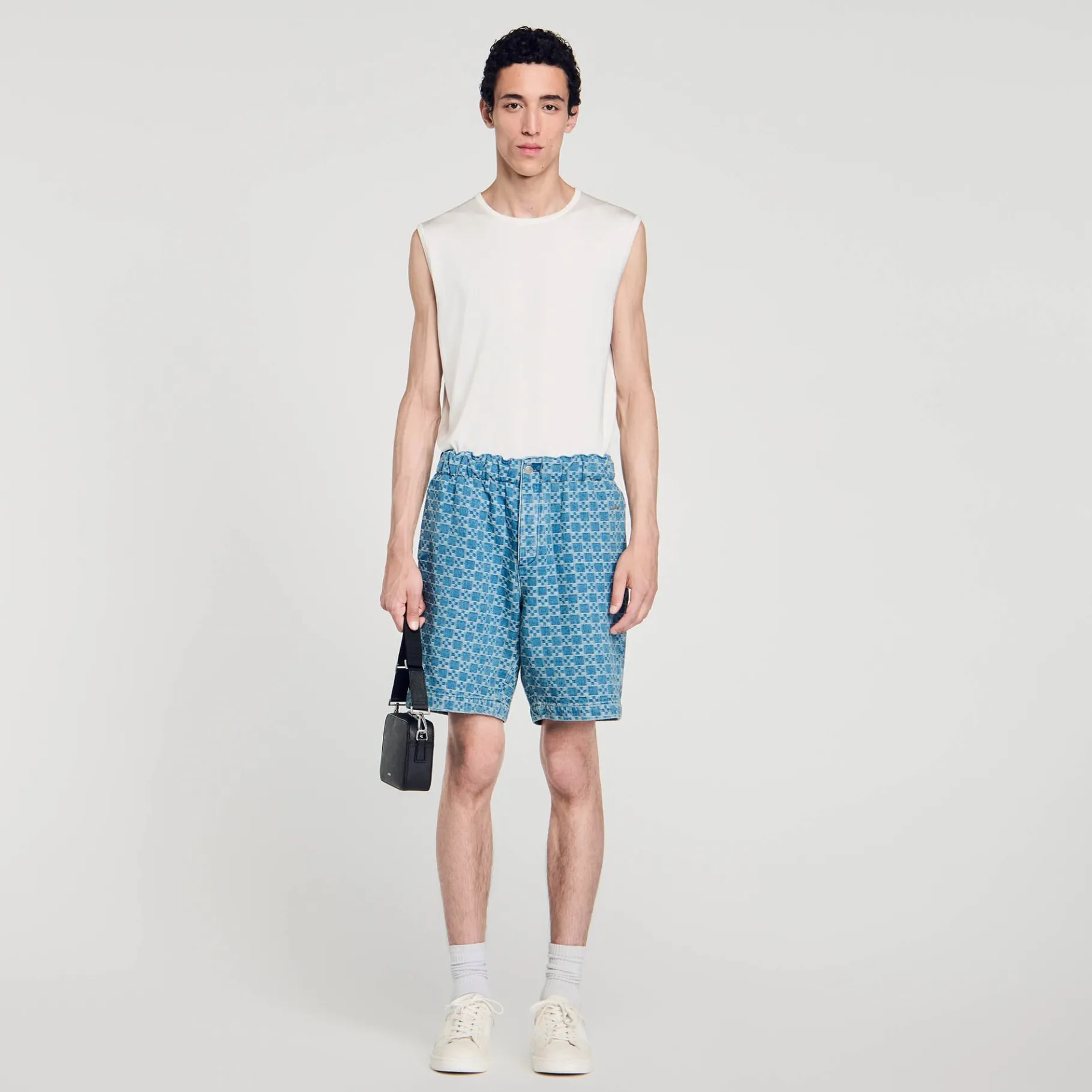 Store SANDRO Bermuda En Denim Square Cross Bleu Ciel