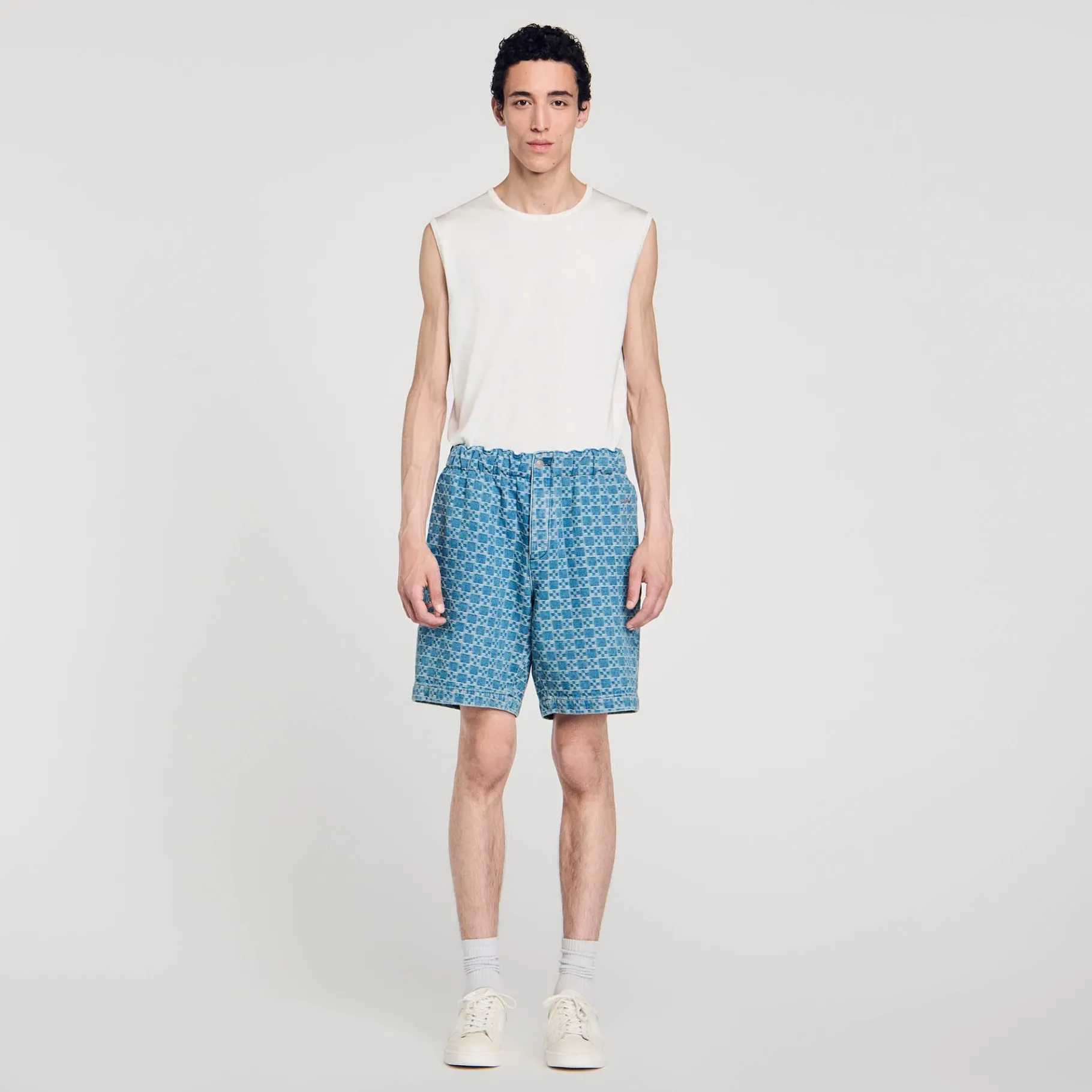 Store SANDRO Bermuda En Denim Square Cross Bleu Ciel