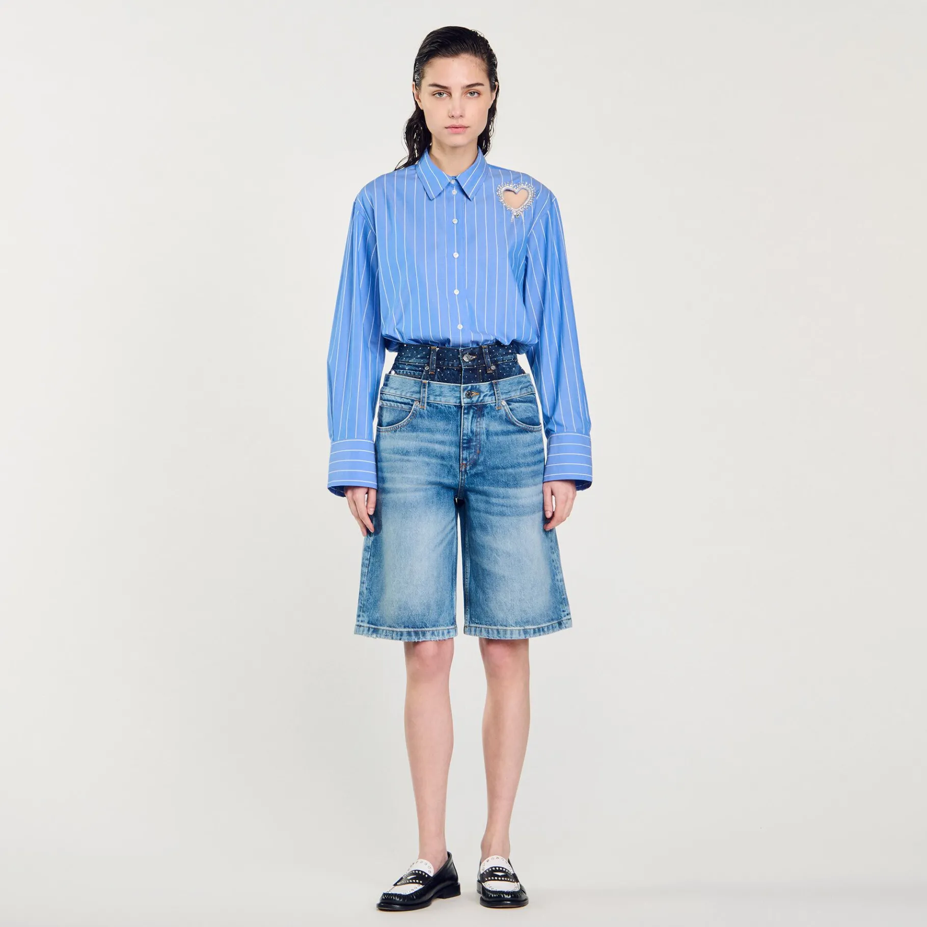 Flash Sale SANDRO Bermuda En Jean à Double Ceinture Bleu jean