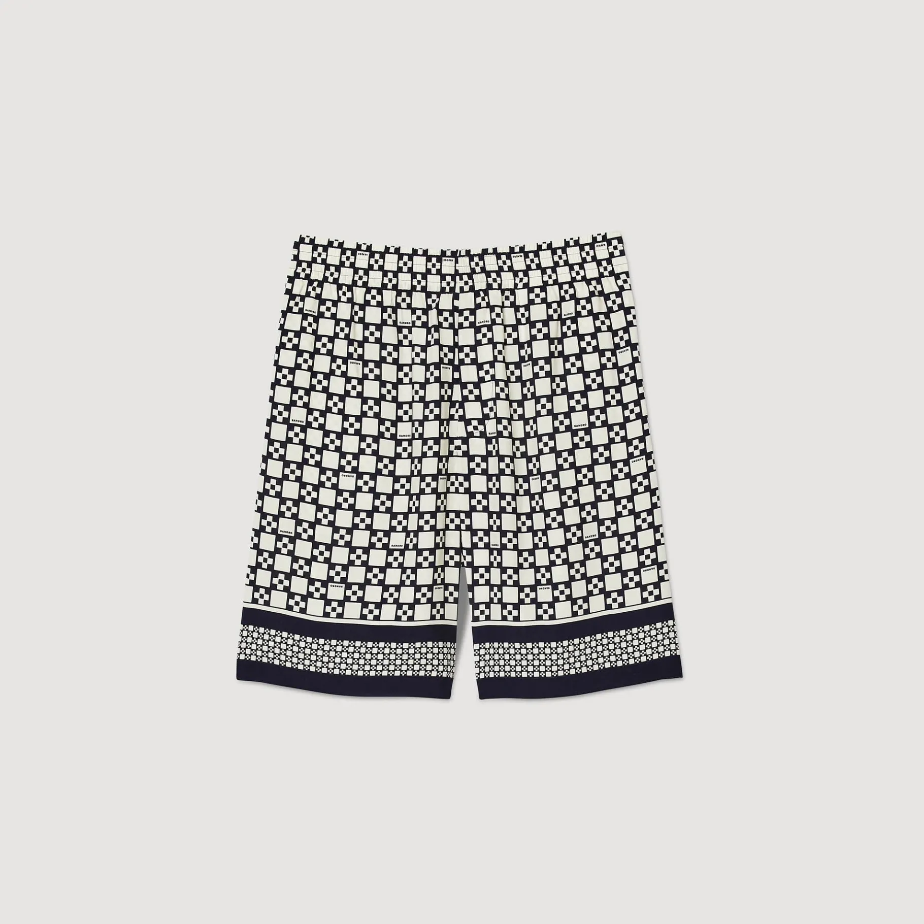 Discount SANDRO Bermuda Imprimé Square Cross Ecru / Marine