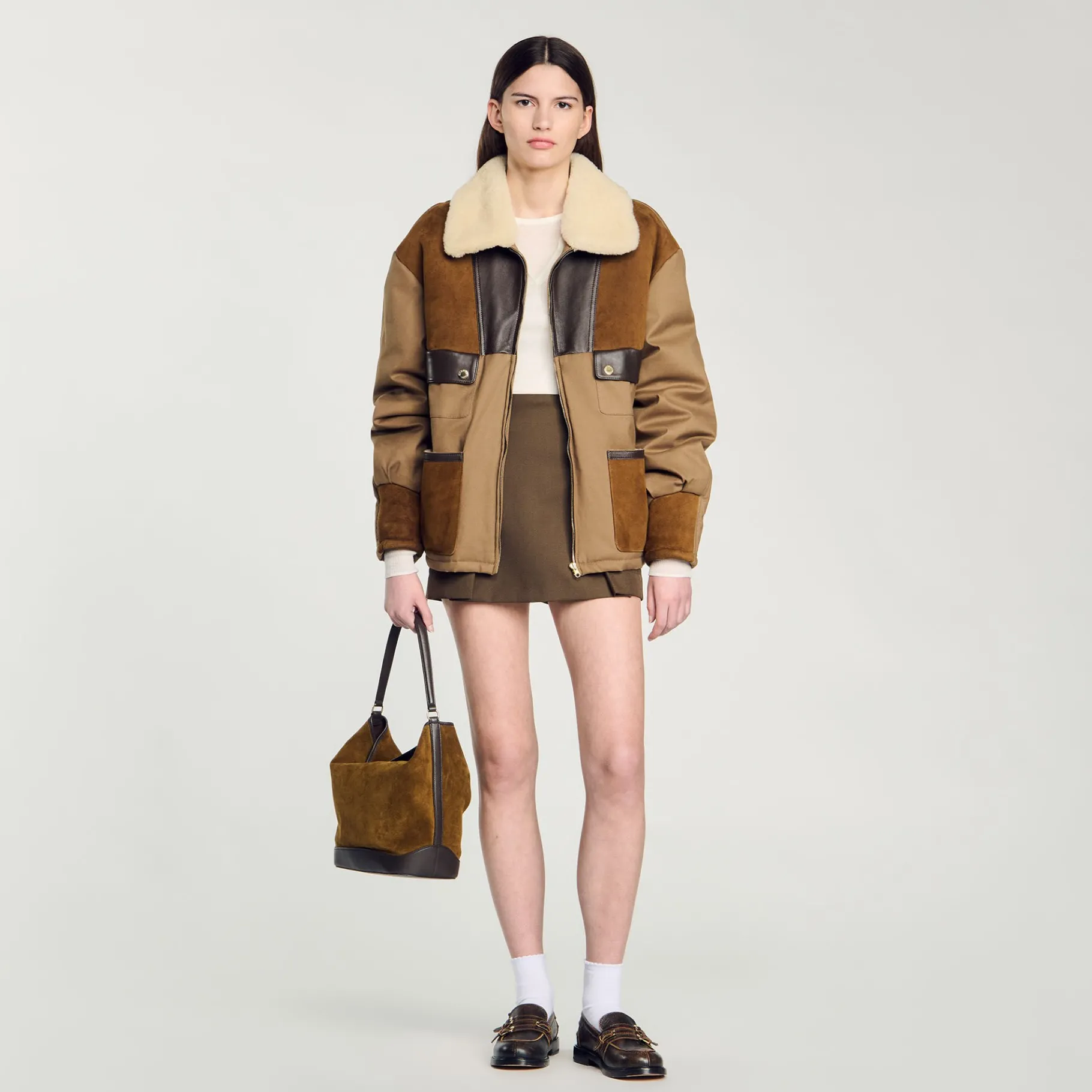 Fashion SANDRO Blouson à Col Mouton Marron