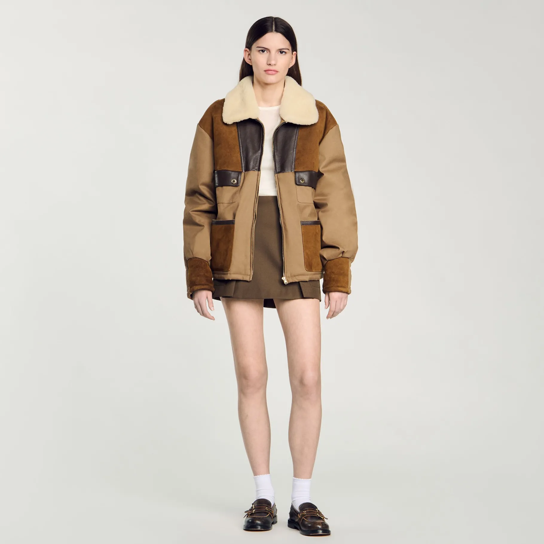 Fashion SANDRO Blouson à Col Mouton Marron