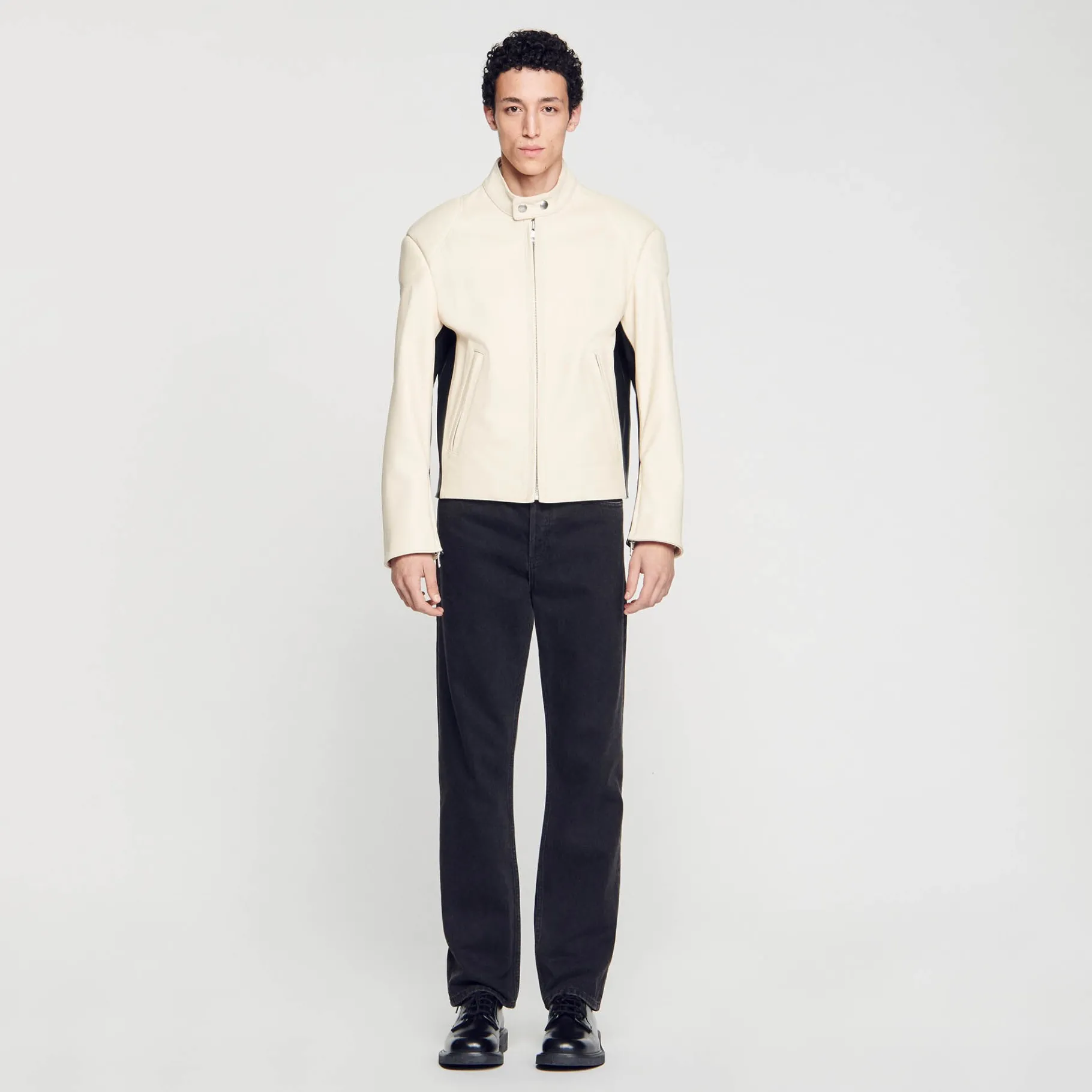Shop SANDRO Blouson Biker En Cuir Ecru