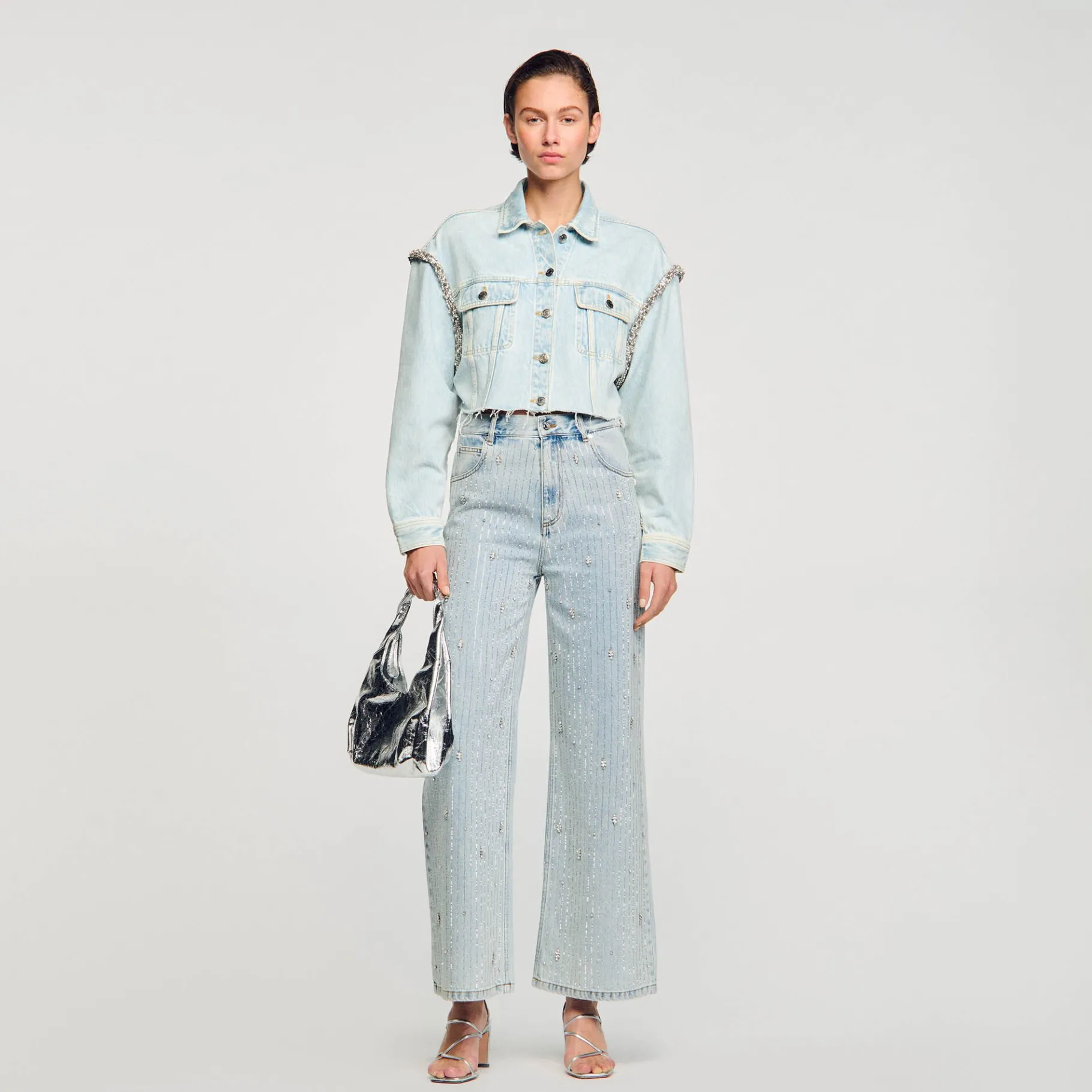 Online SANDRO Blouson Court En Denim Bleu jean clair