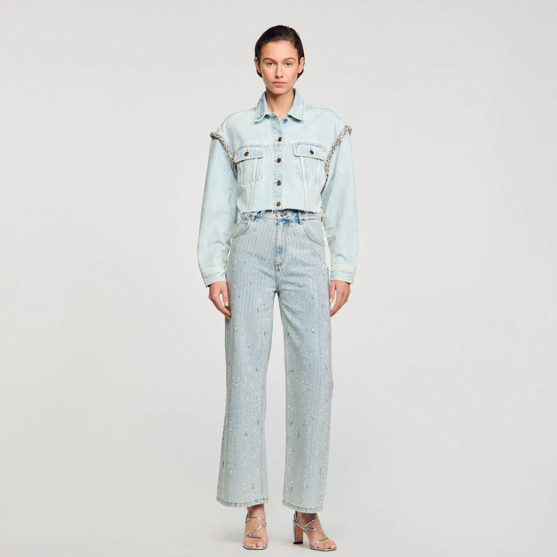 Online SANDRO Blouson Court En Denim Bleu jean clair