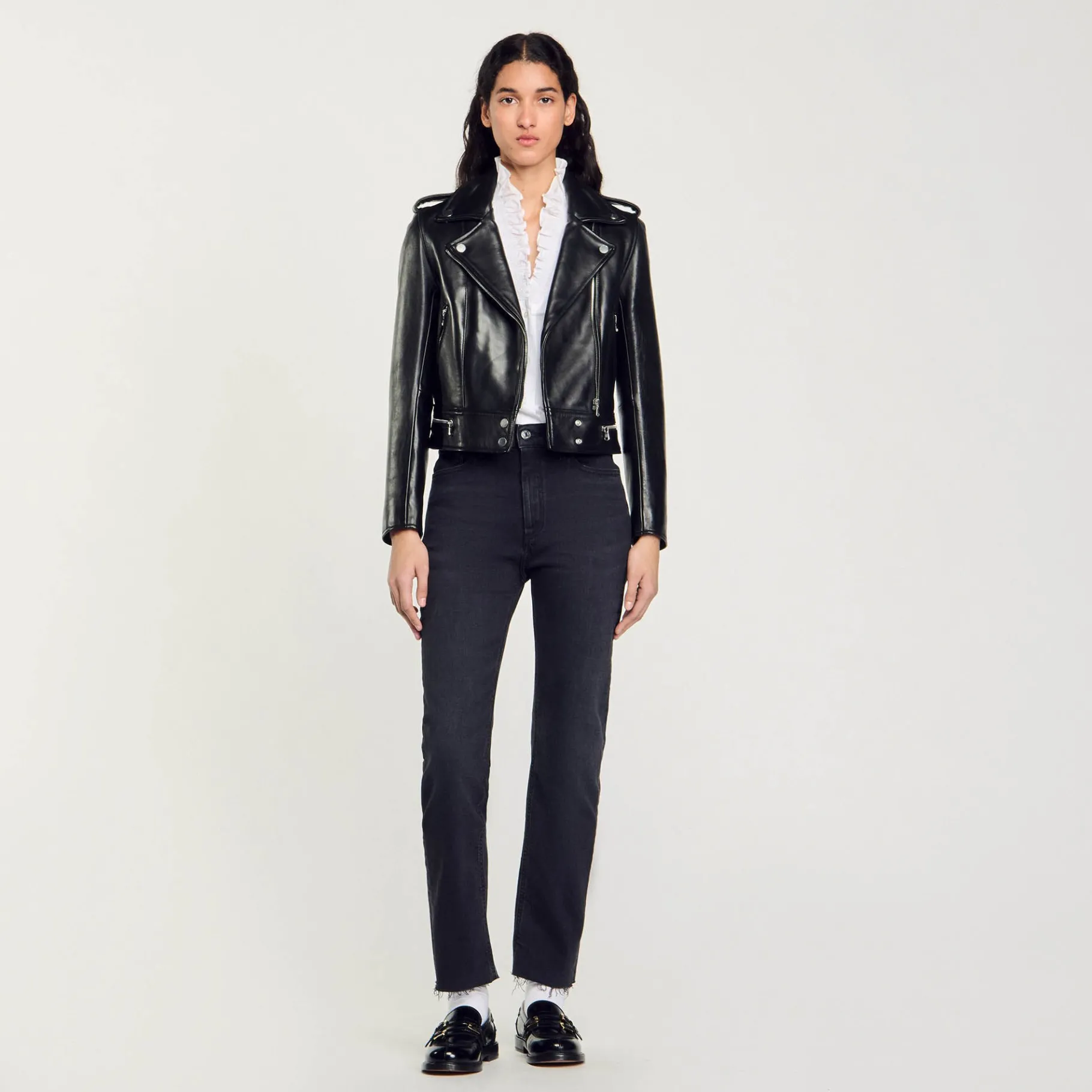 Cheap SANDRO Blouson En Cuir Noir