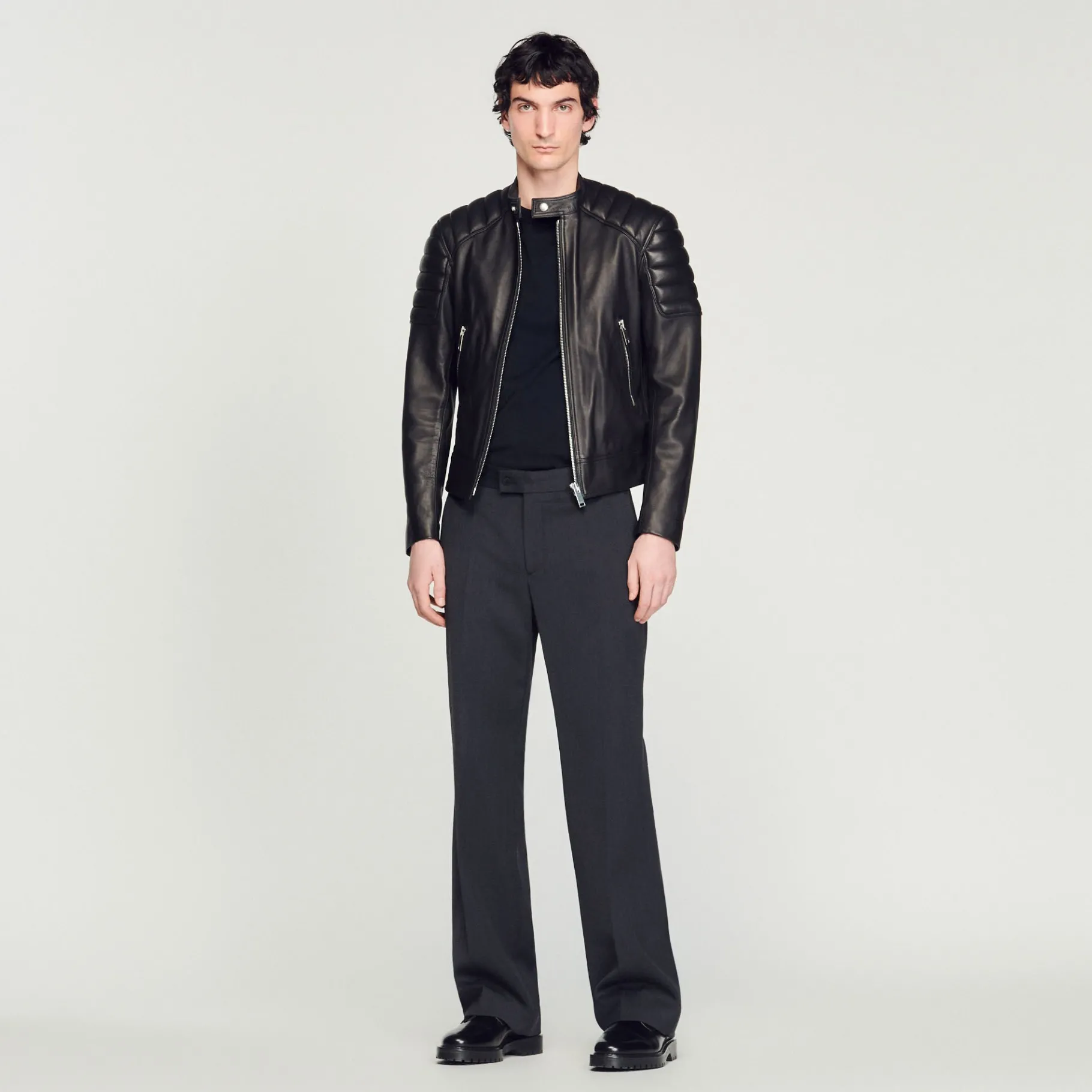 Online SANDRO Blouson En Cuir Finitions Matelassées Noir