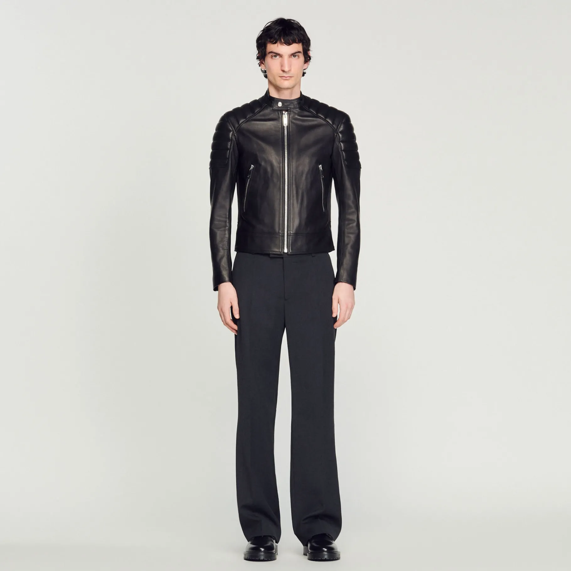 Online SANDRO Blouson En Cuir Finitions Matelassées Noir