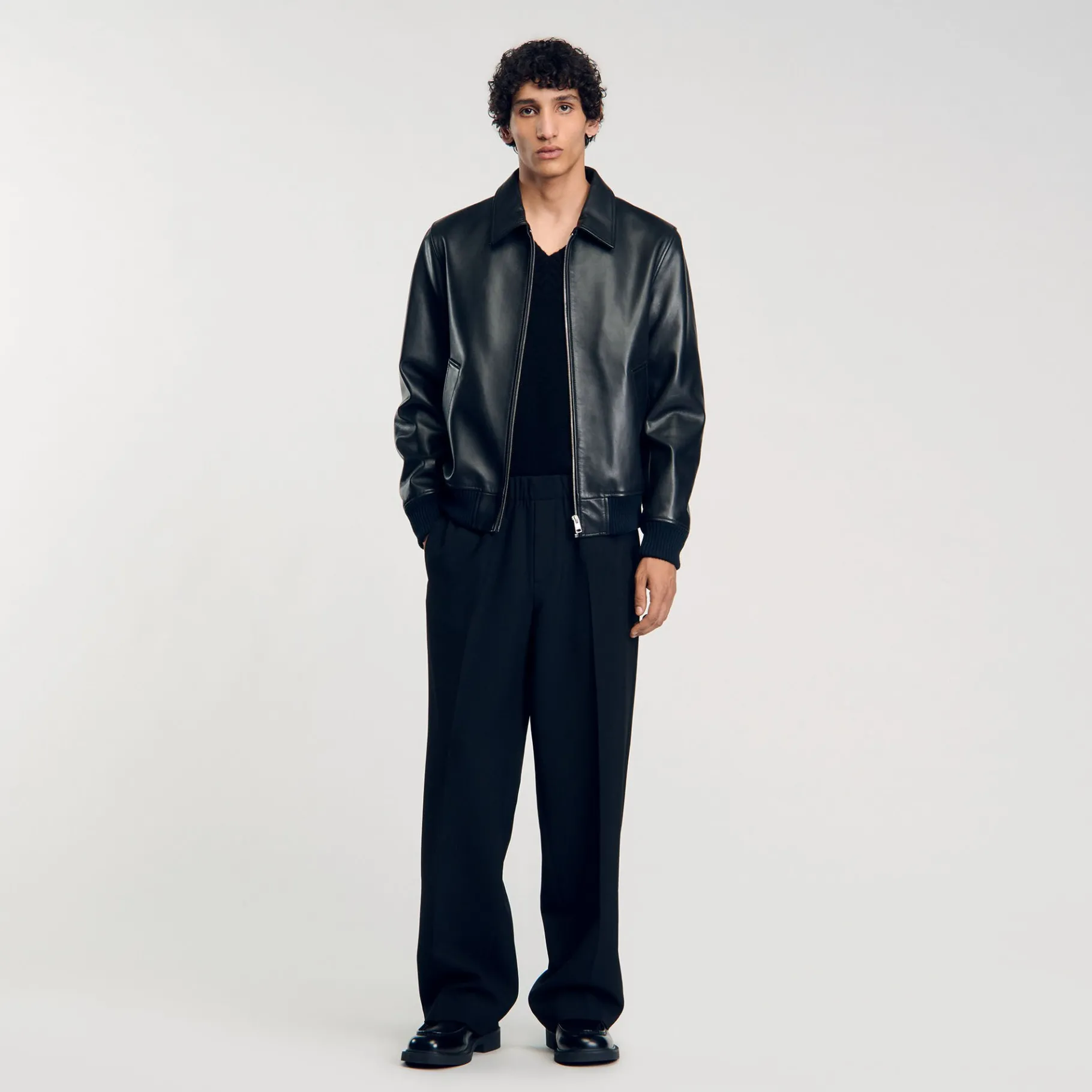 Fashion SANDRO Blouson En Cuir Lisse Noir