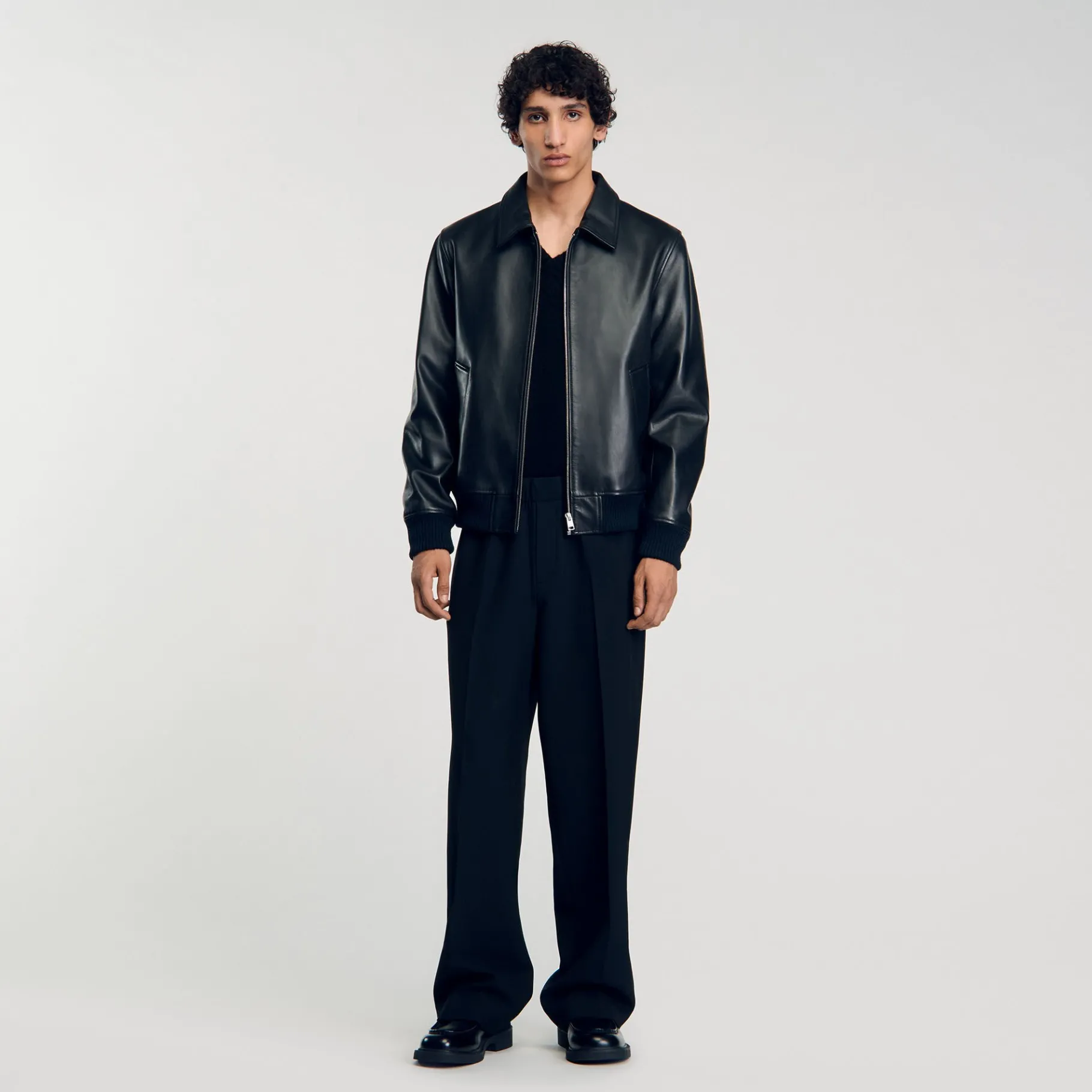 Fashion SANDRO Blouson En Cuir Lisse Noir