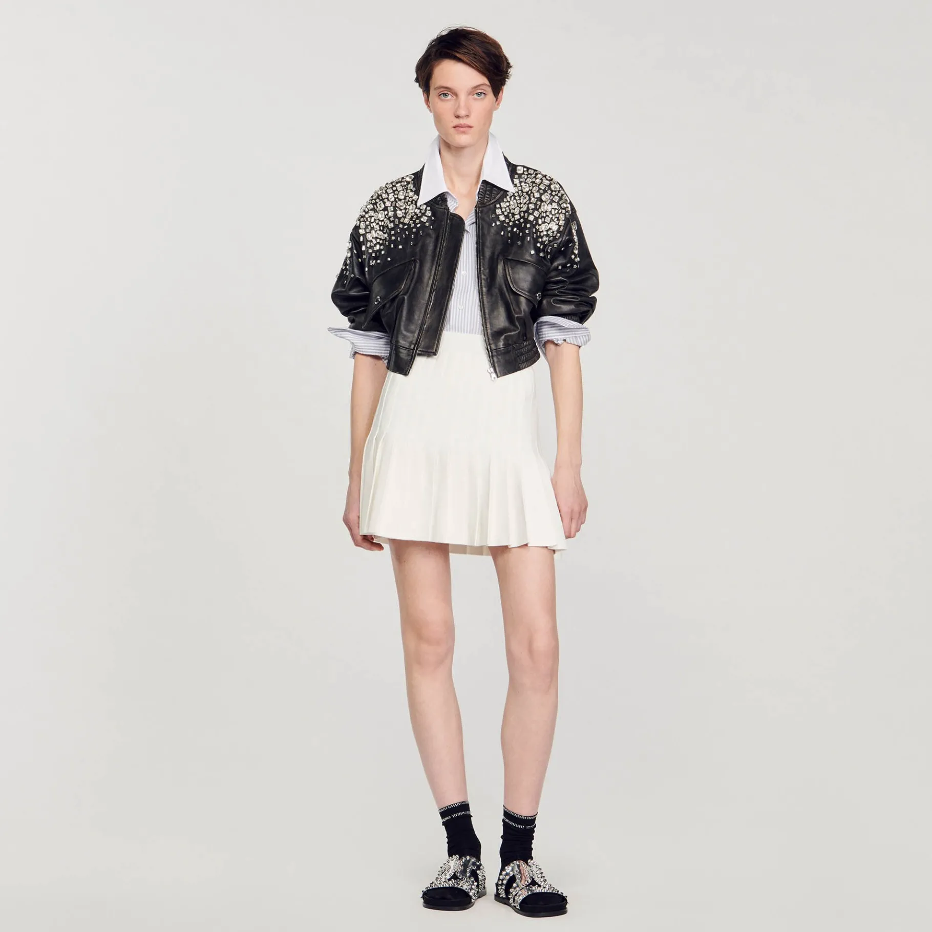 Fashion SANDRO Blouson En Cuir Orné De Cristaux Gris Foncé