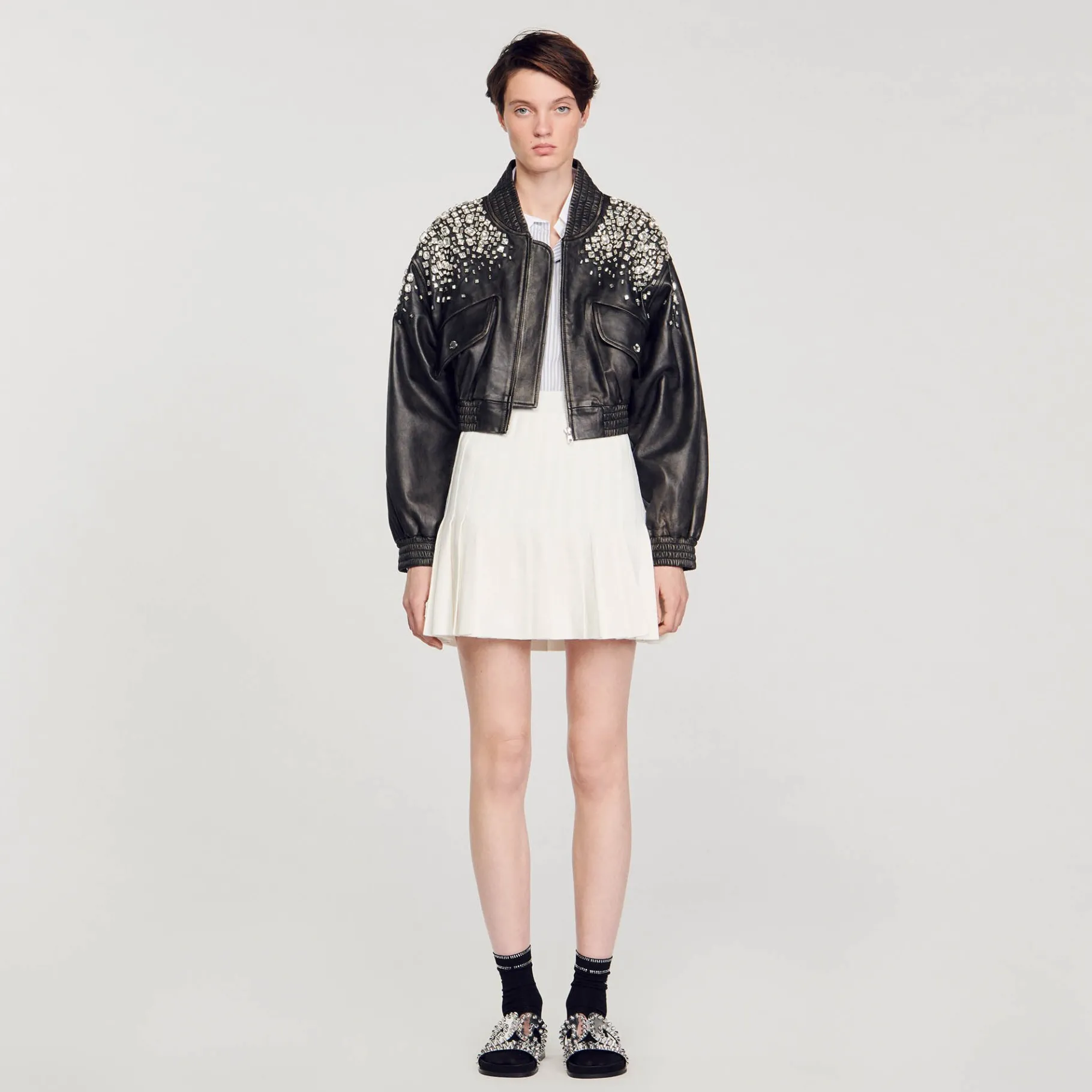 Fashion SANDRO Blouson En Cuir Orné De Cristaux Gris Foncé