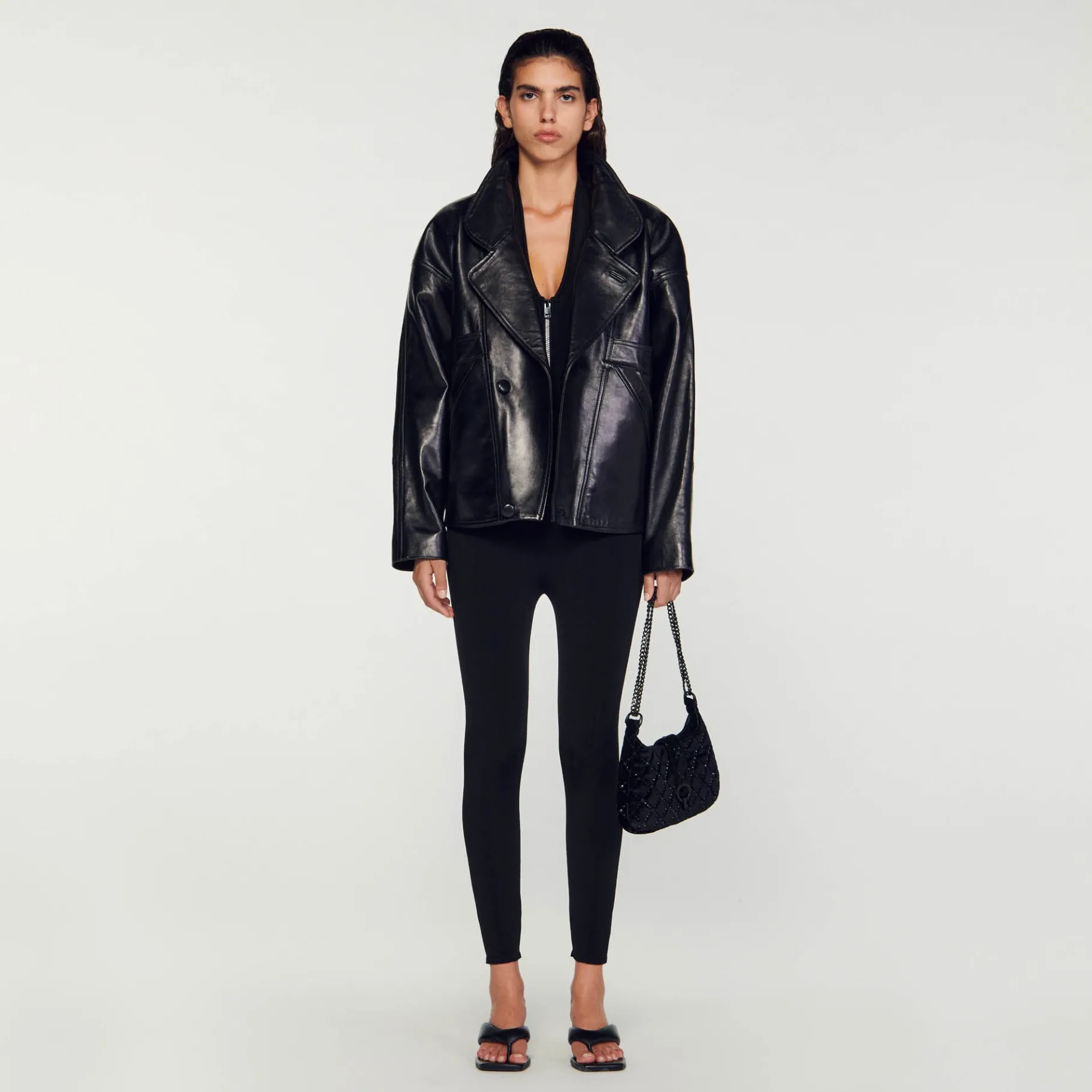 Sale SANDRO Blouson En Cuir Oversize Noir