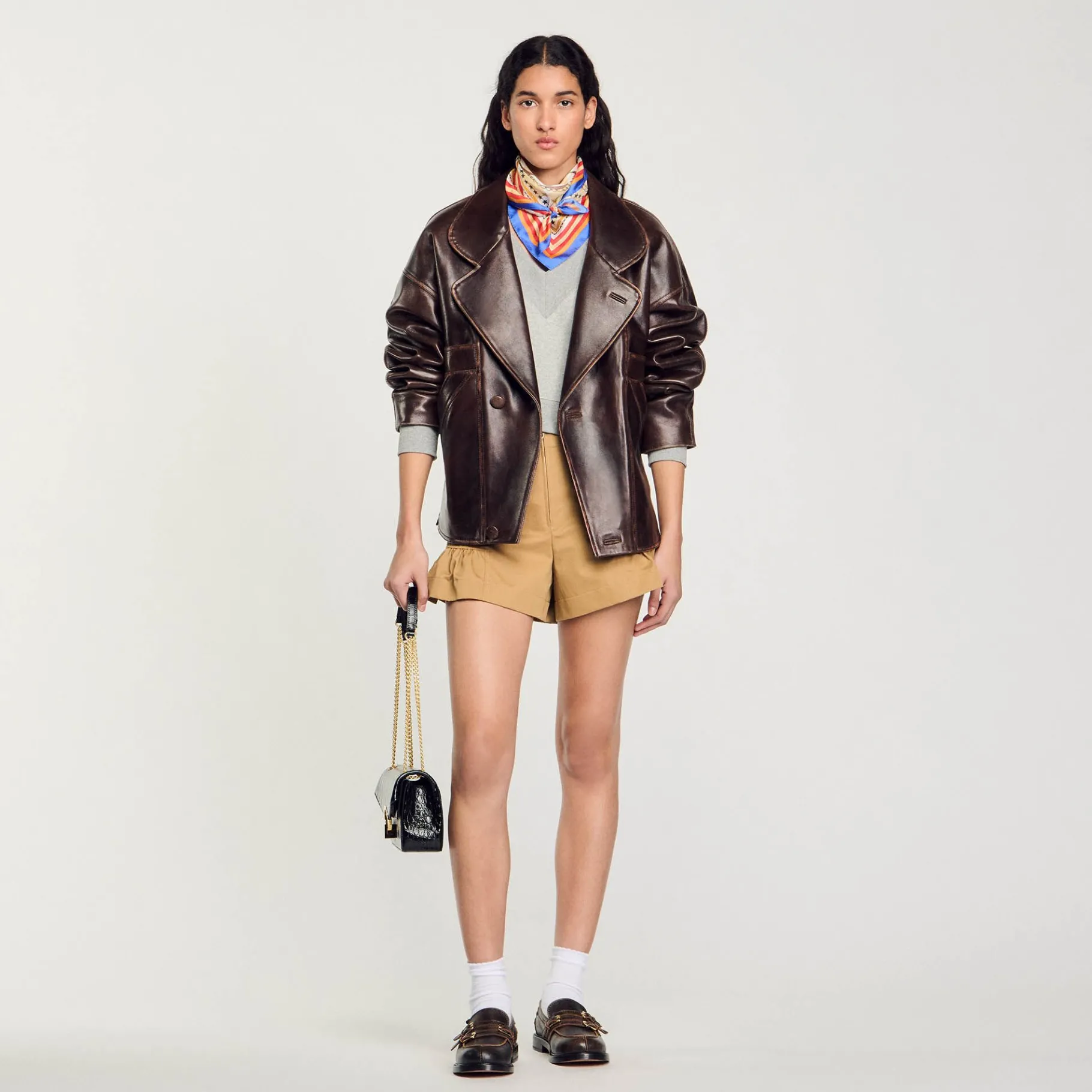 Sale SANDRO Blouson En Cuir Oversize Marron