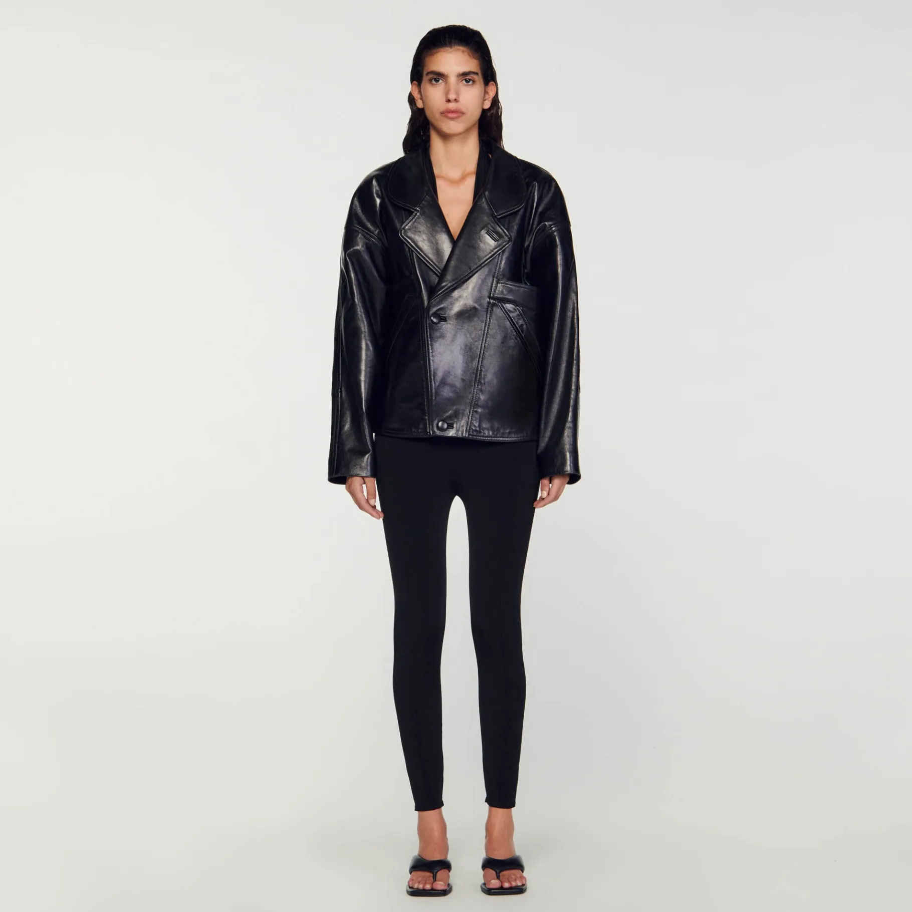 Sale SANDRO Blouson En Cuir Oversize Noir