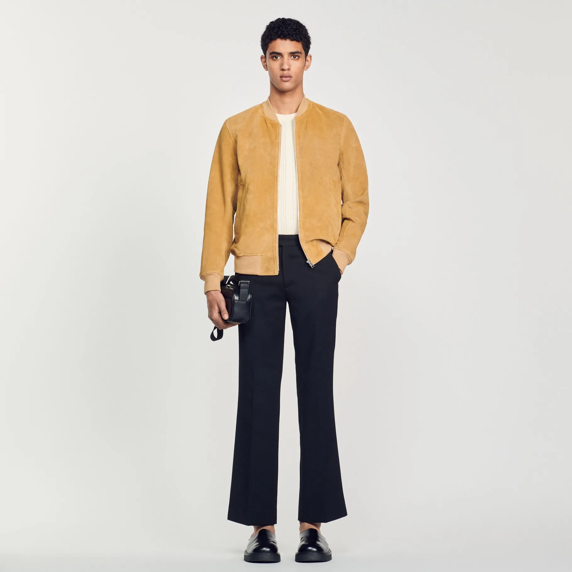 Clearance SANDRO Blouson En Cuir Suédé Beige