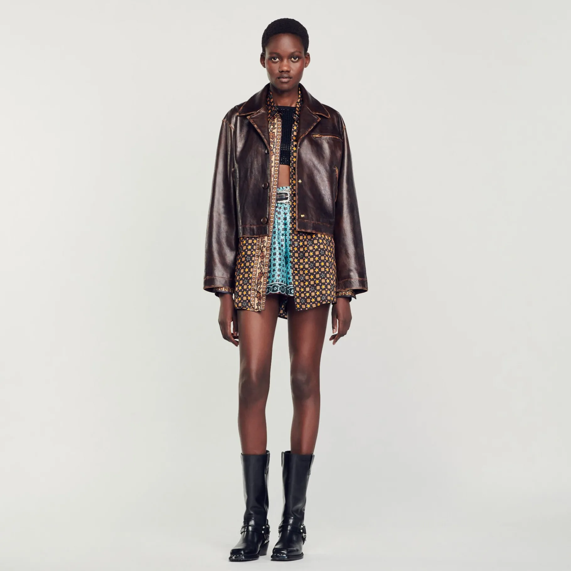 Fashion SANDRO Blouson En Cuir Vieilli Marron Foncé