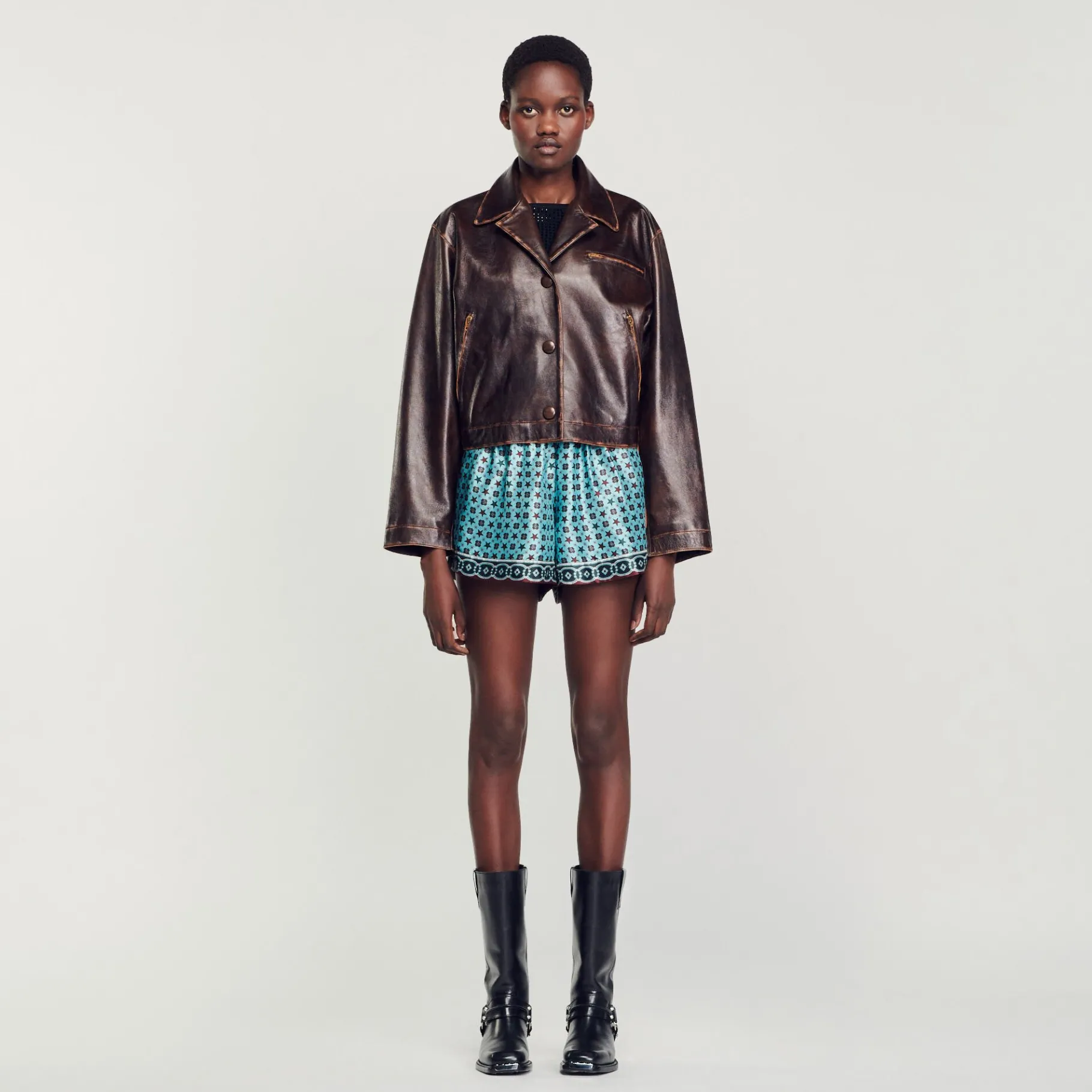Fashion SANDRO Blouson En Cuir Vieilli Marron Foncé