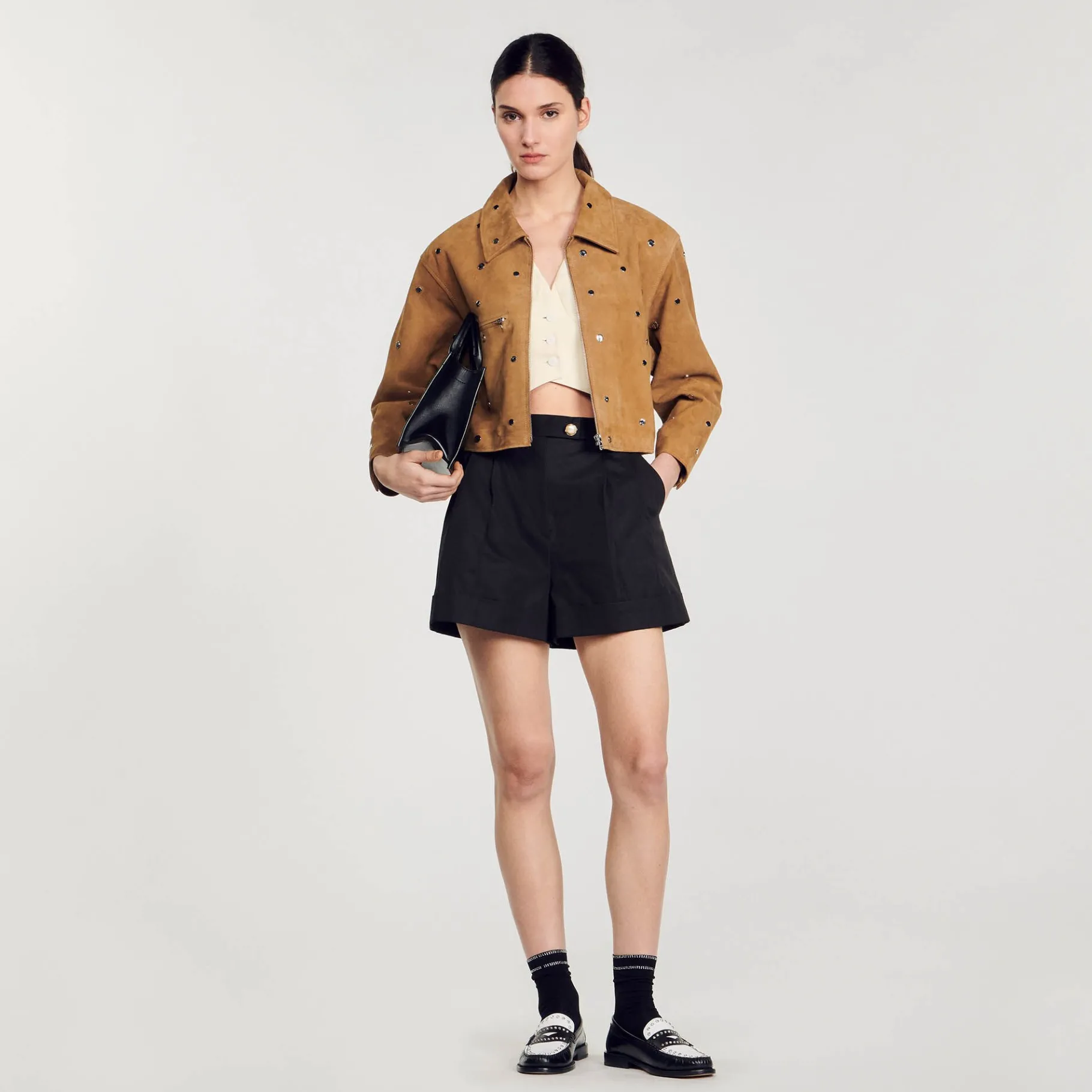 New SANDRO Blouson En Daim Orné De Studs Camel