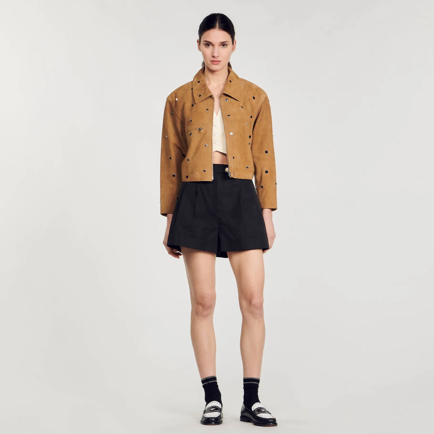 New SANDRO Blouson En Daim Orné De Studs Camel