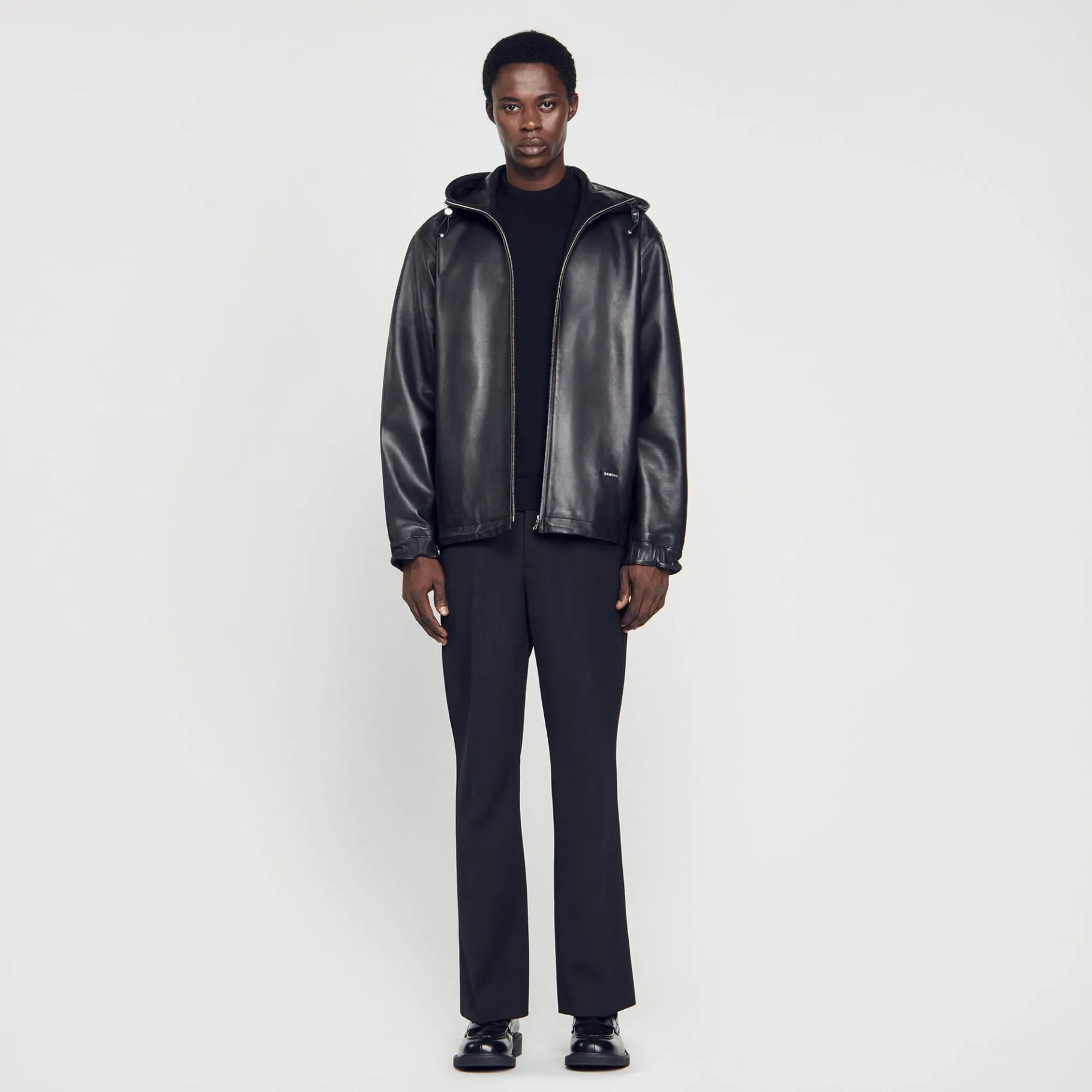 Store SANDRO Blouson Oversize En Cuir Noir