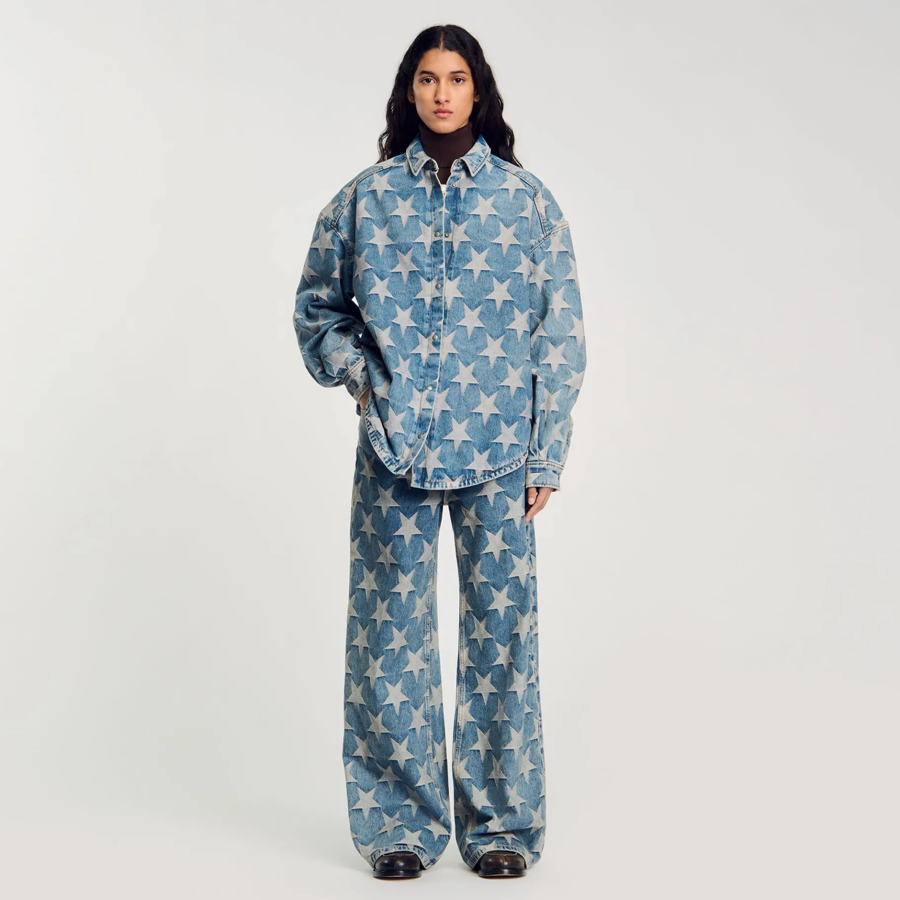 Best Sale SANDRO Blouson Surchemise En Jean étoiles Bleu jean