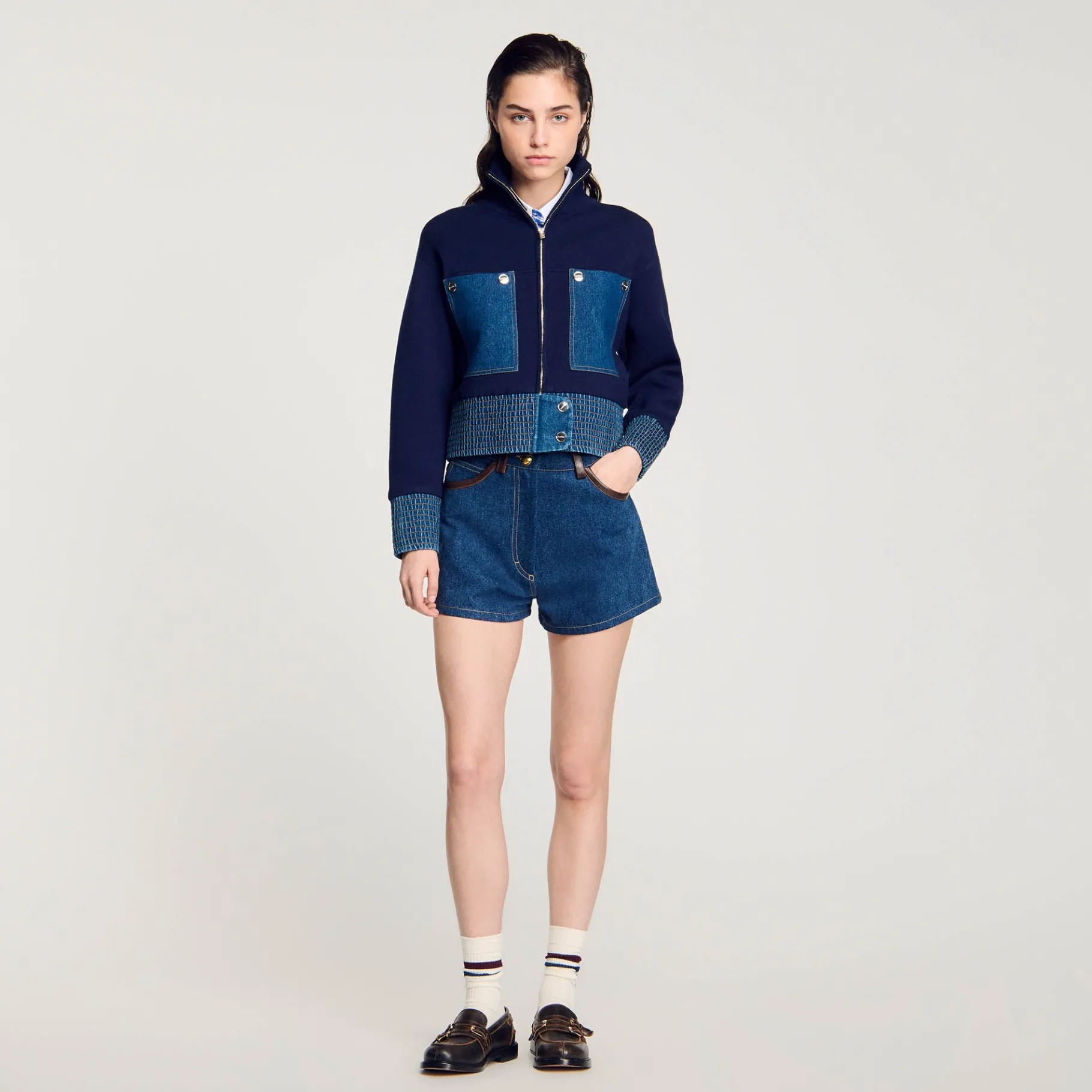Cheap SANDRO Cardicoat En Maille Et Denim Bleu