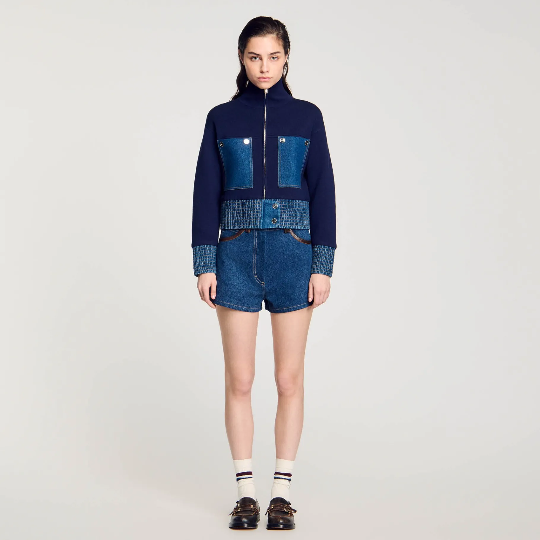 Cheap SANDRO Cardicoat En Maille Et Denim Bleu