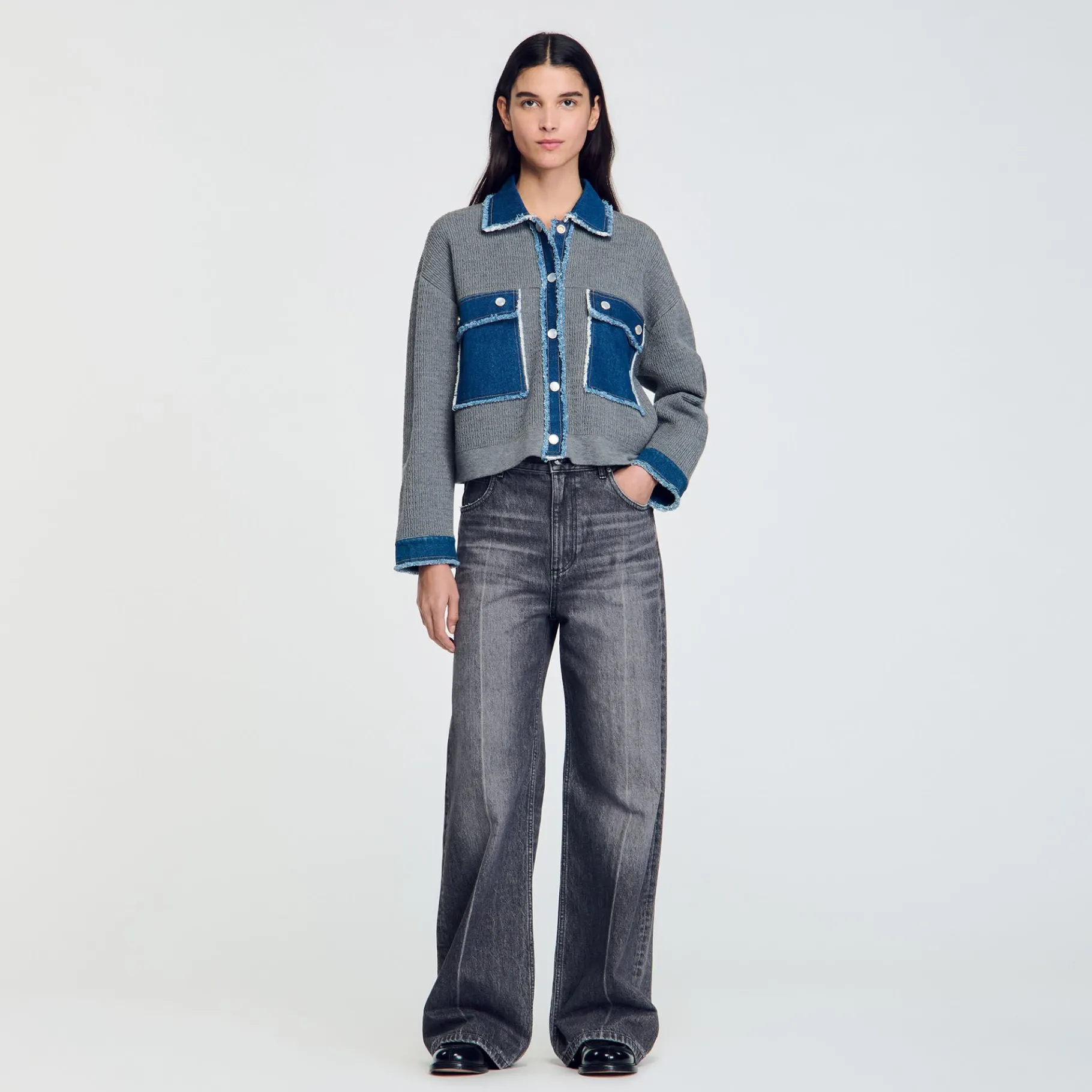 New SANDRO Cardicoat En Maille Et Jean Gris
