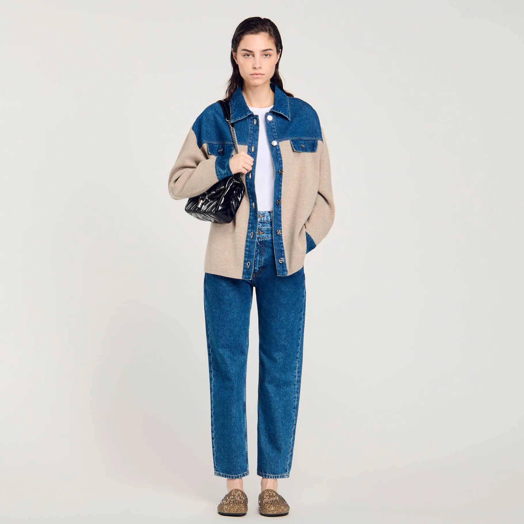Cheap SANDRO Cardicoat En Maille Et Jean Beige