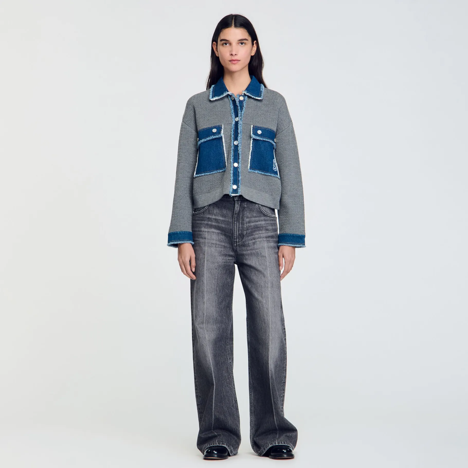 New SANDRO Cardicoat En Maille Et Jean Gris
