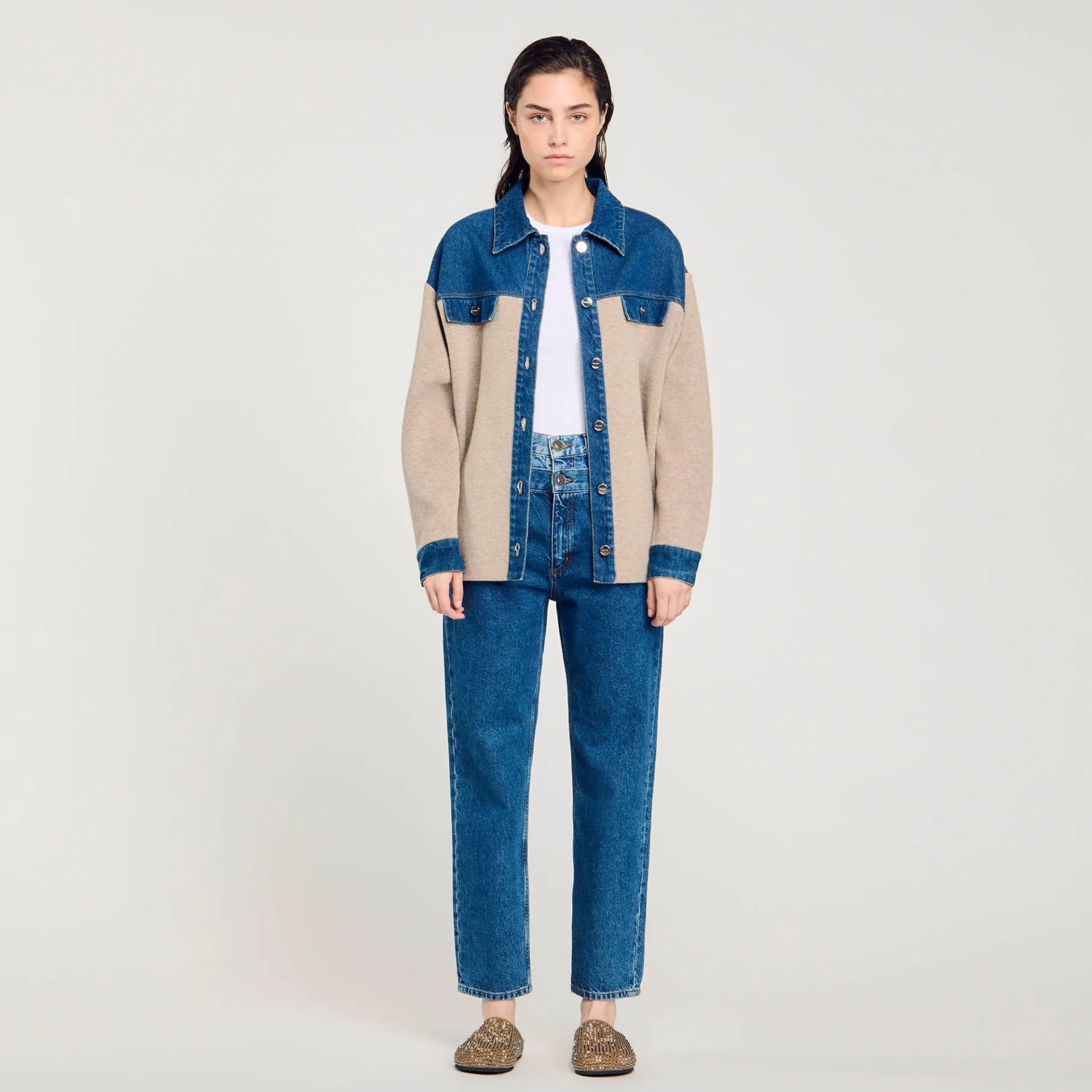 Cheap SANDRO Cardicoat En Maille Et Jean Beige