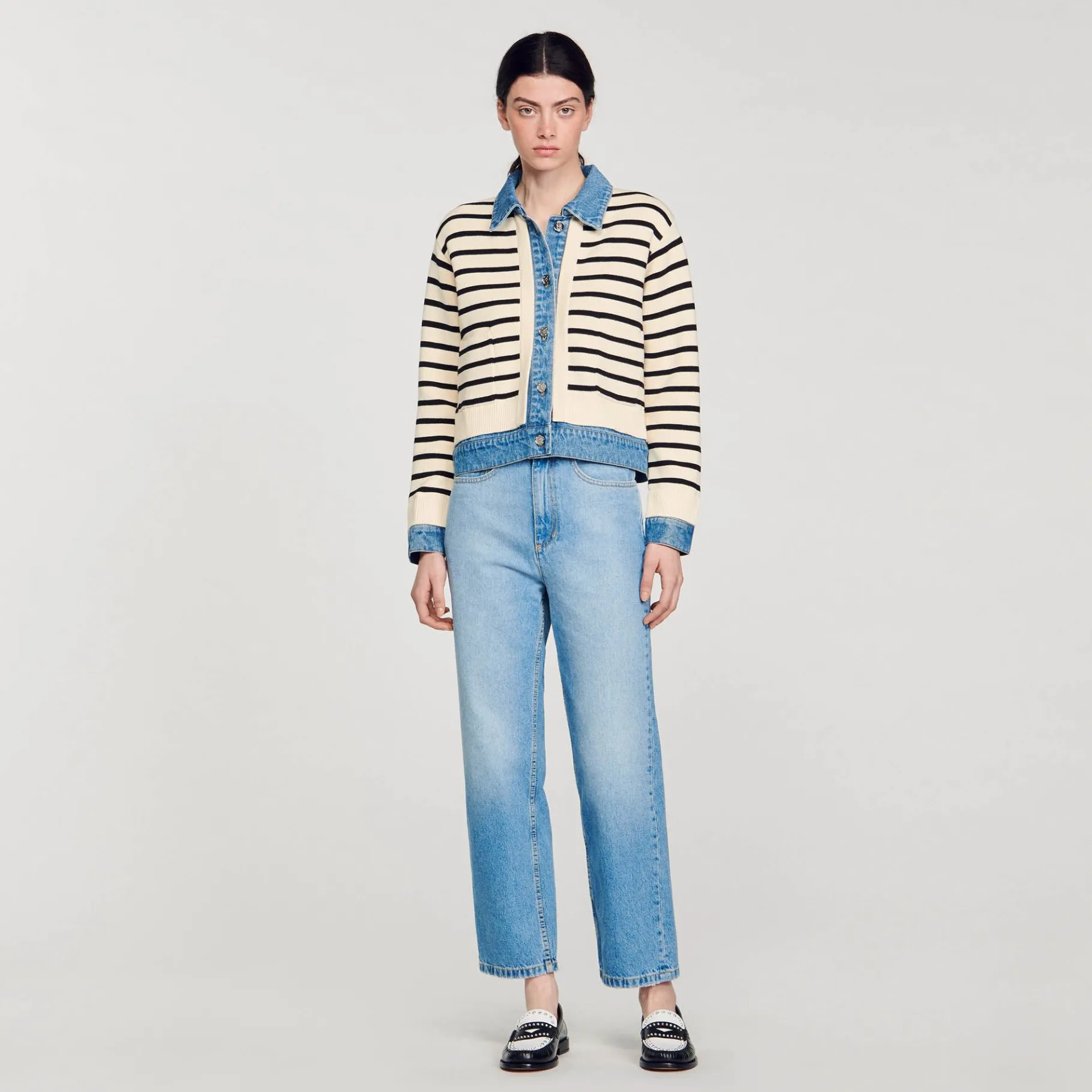 Best Sale SANDRO Cardicoat En Maille Rayée Et Denim Ecru / Noir