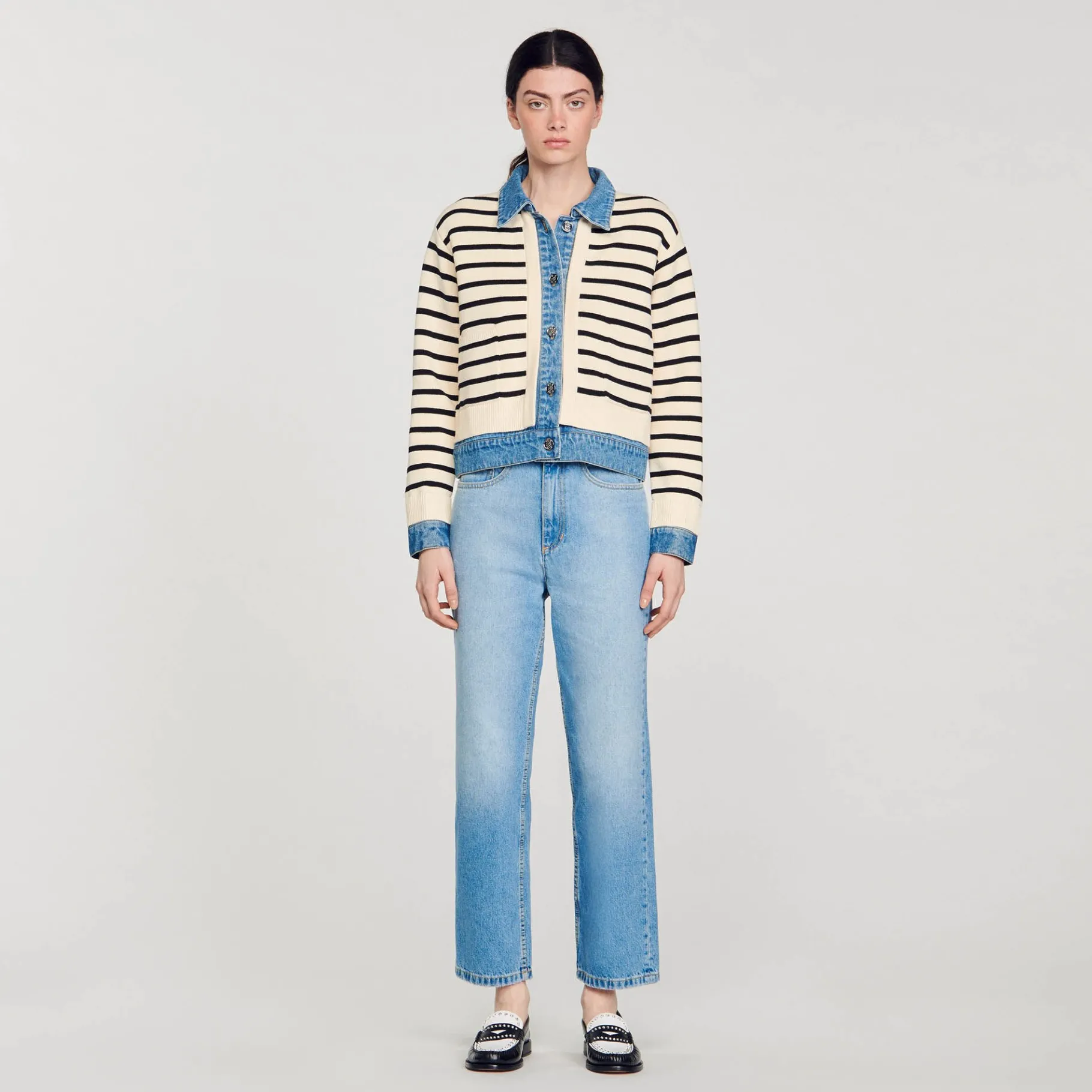 Best Sale SANDRO Cardicoat En Maille Rayée Et Denim Ecru / Noir
