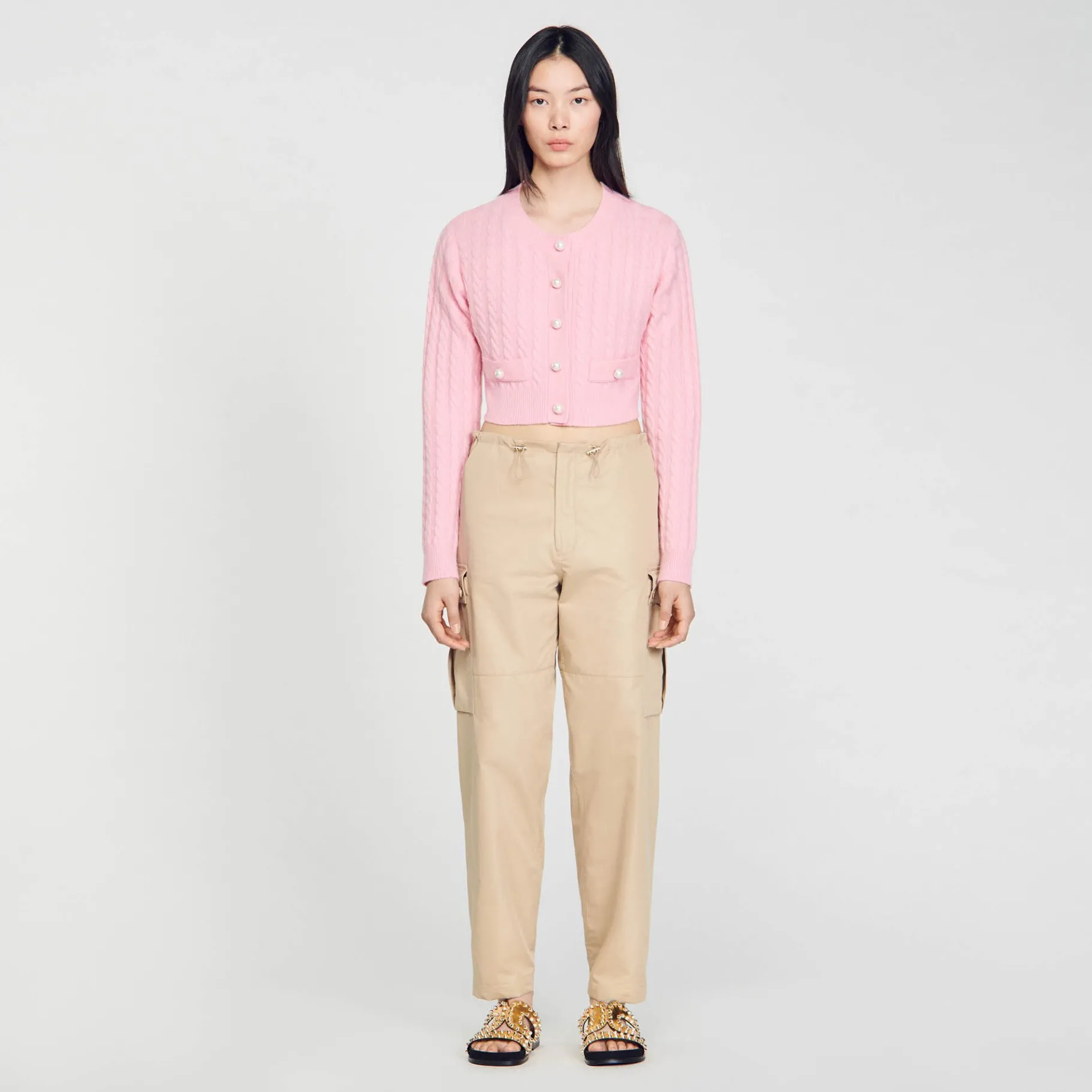 Best Sale SANDRO Cardicoat En Maille Torsadée Rose