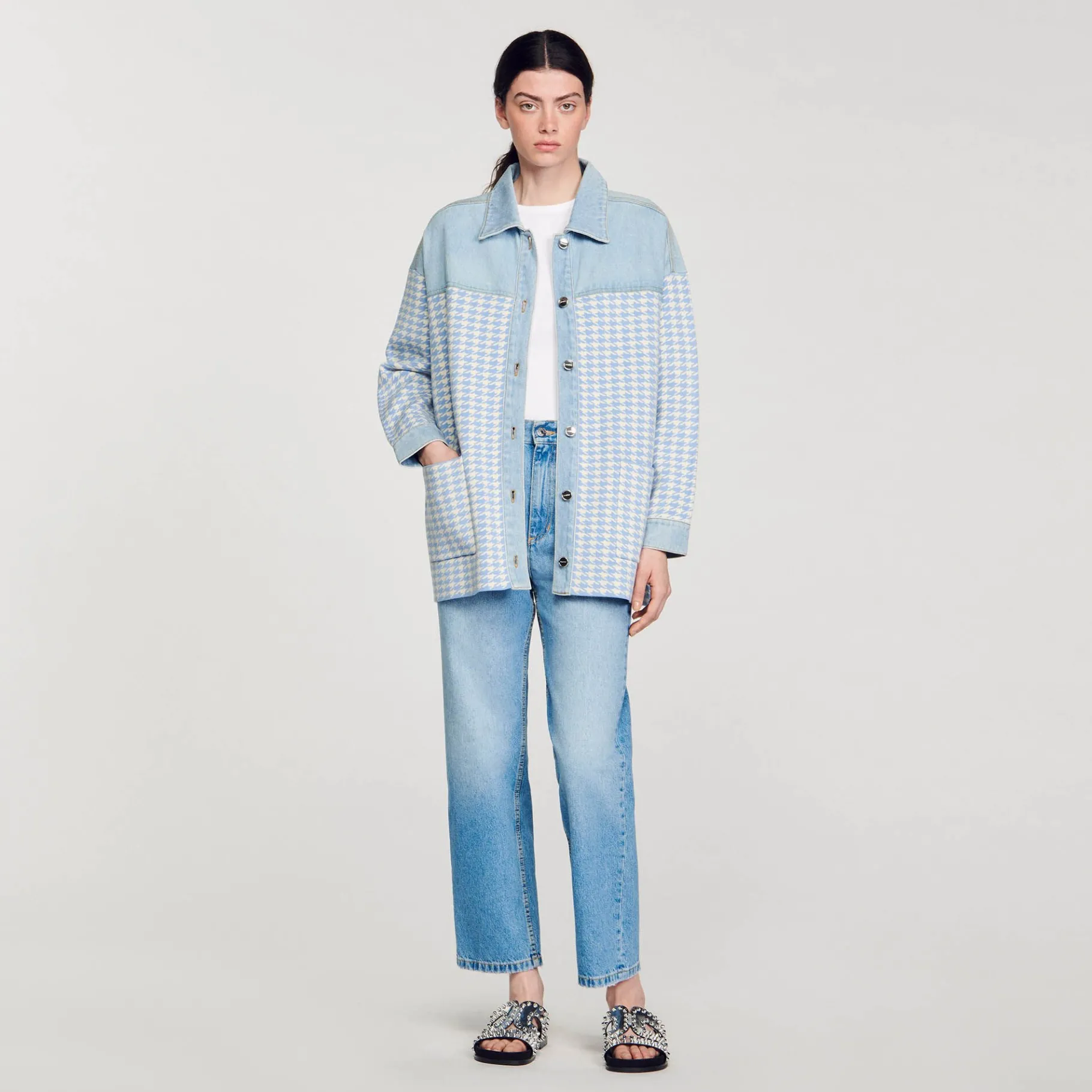 Flash Sale SANDRO Cardicoat Pied-de-poule Bleu Ciel