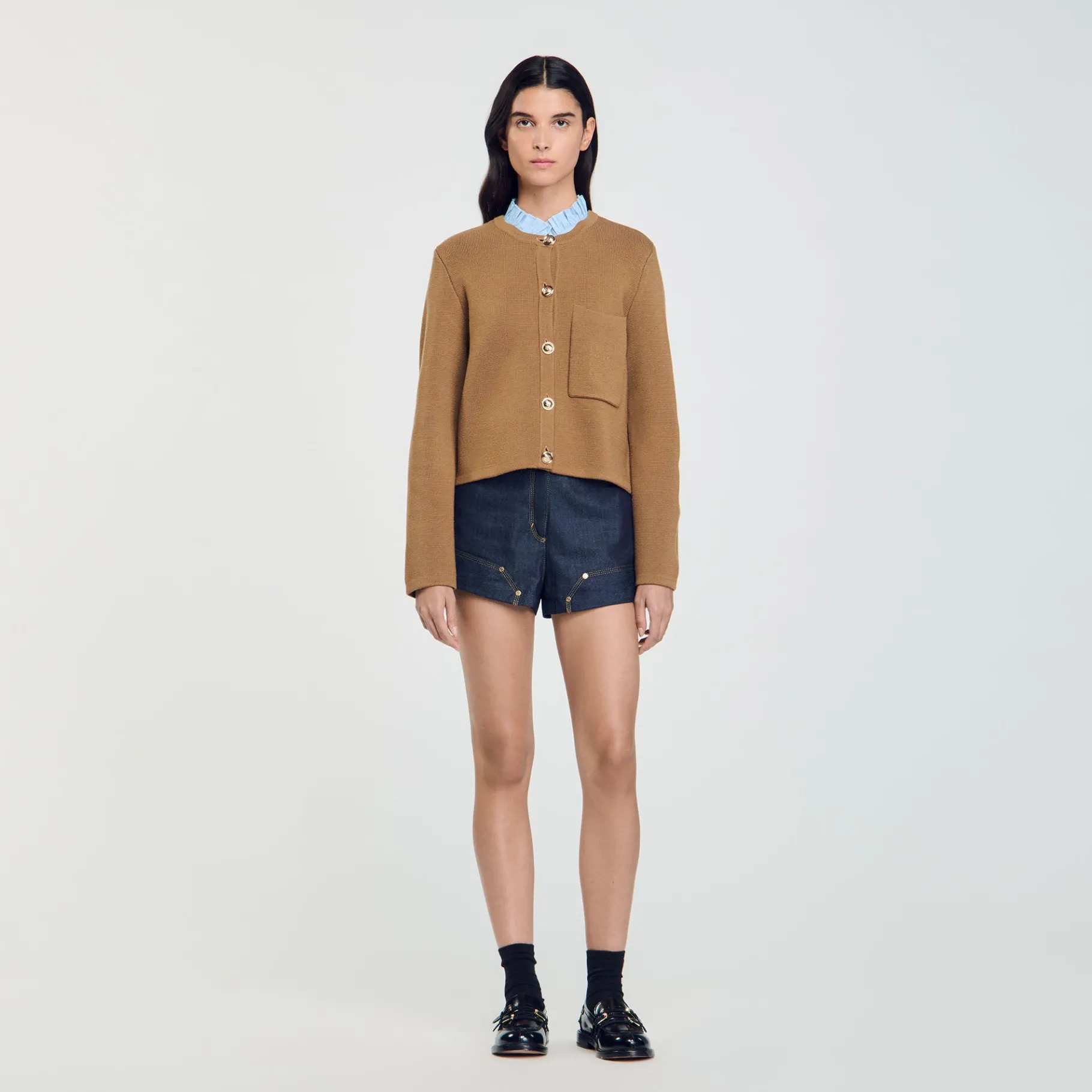 Best SANDRO Cardigan à Col Volanté Amovible Camel