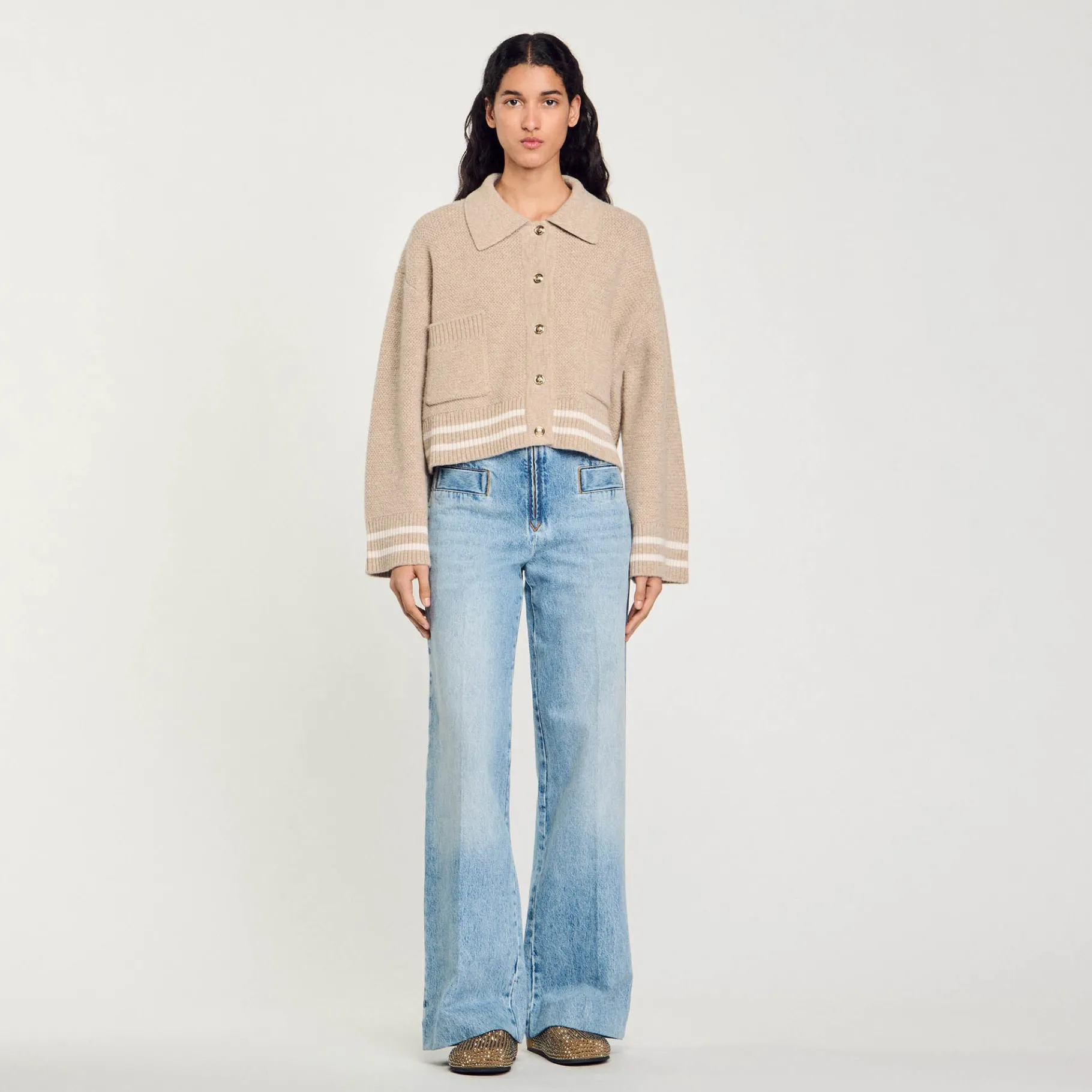 Sale SANDRO Cardigan à Point Fantaisie Beige
