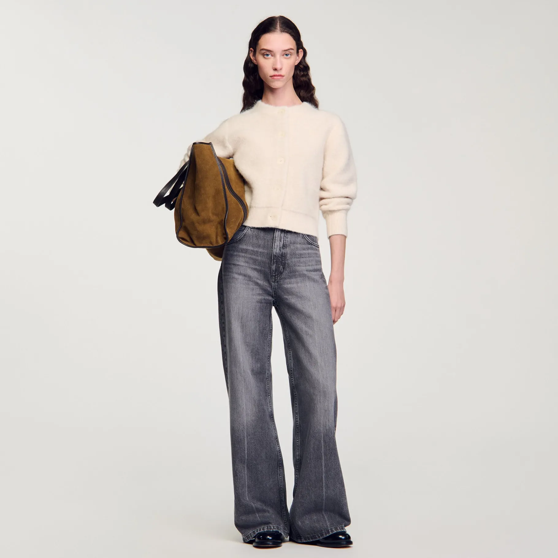 Store SANDRO Cardigan Court En Maille Duveteuse Ecru