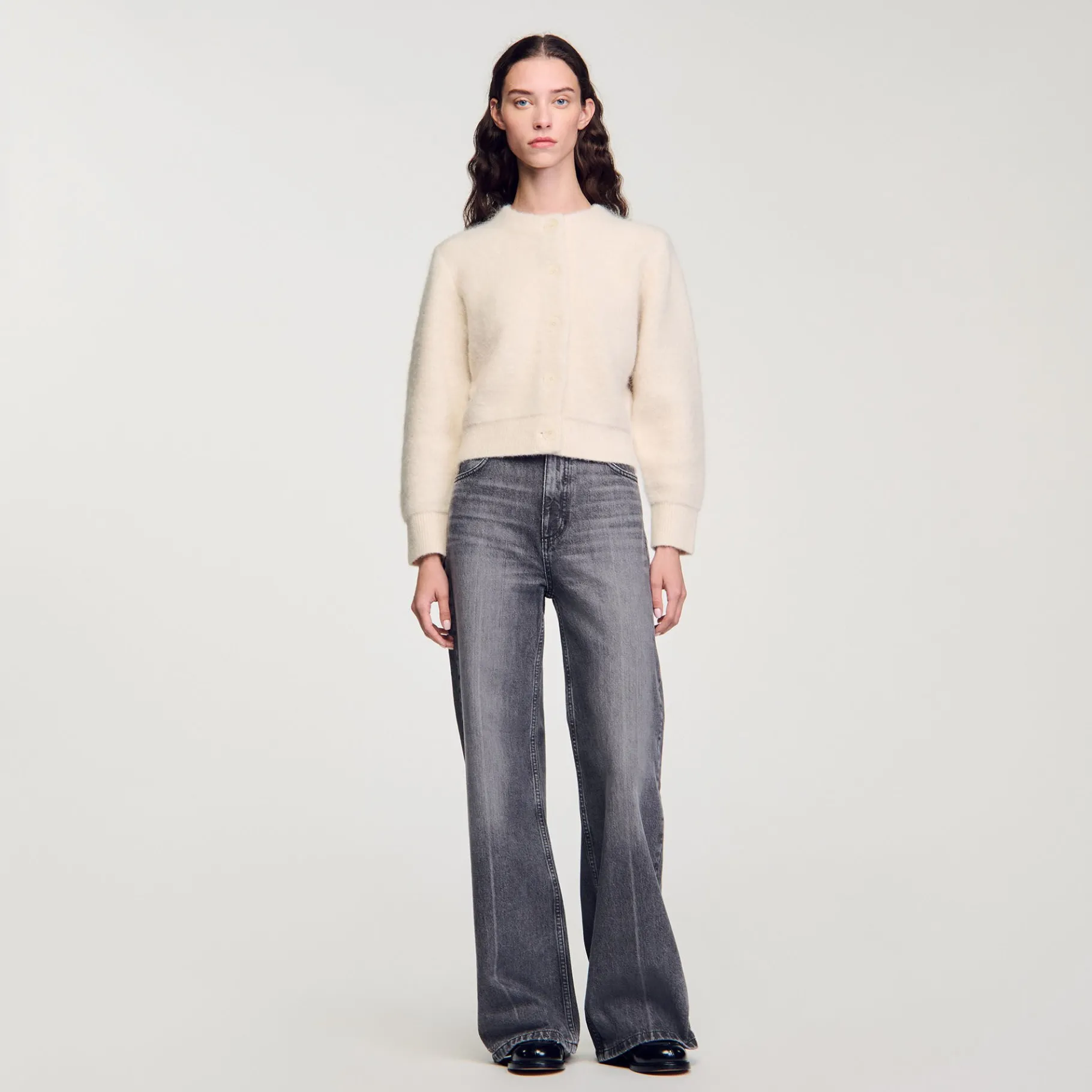 Store SANDRO Cardigan Court En Maille Duveteuse Ecru