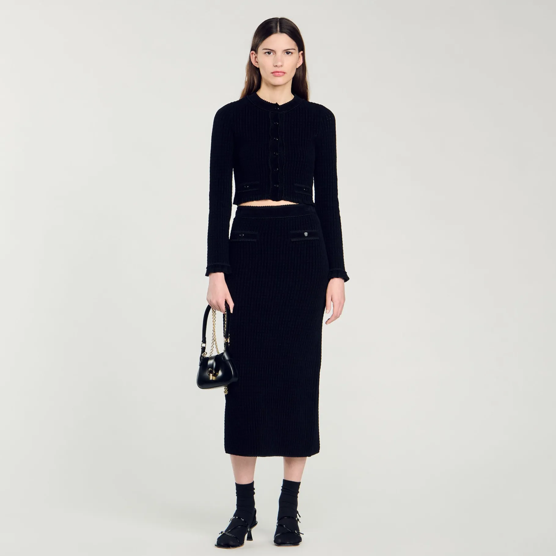 Store SANDRO Cardigan Court En Maille Velours Noir