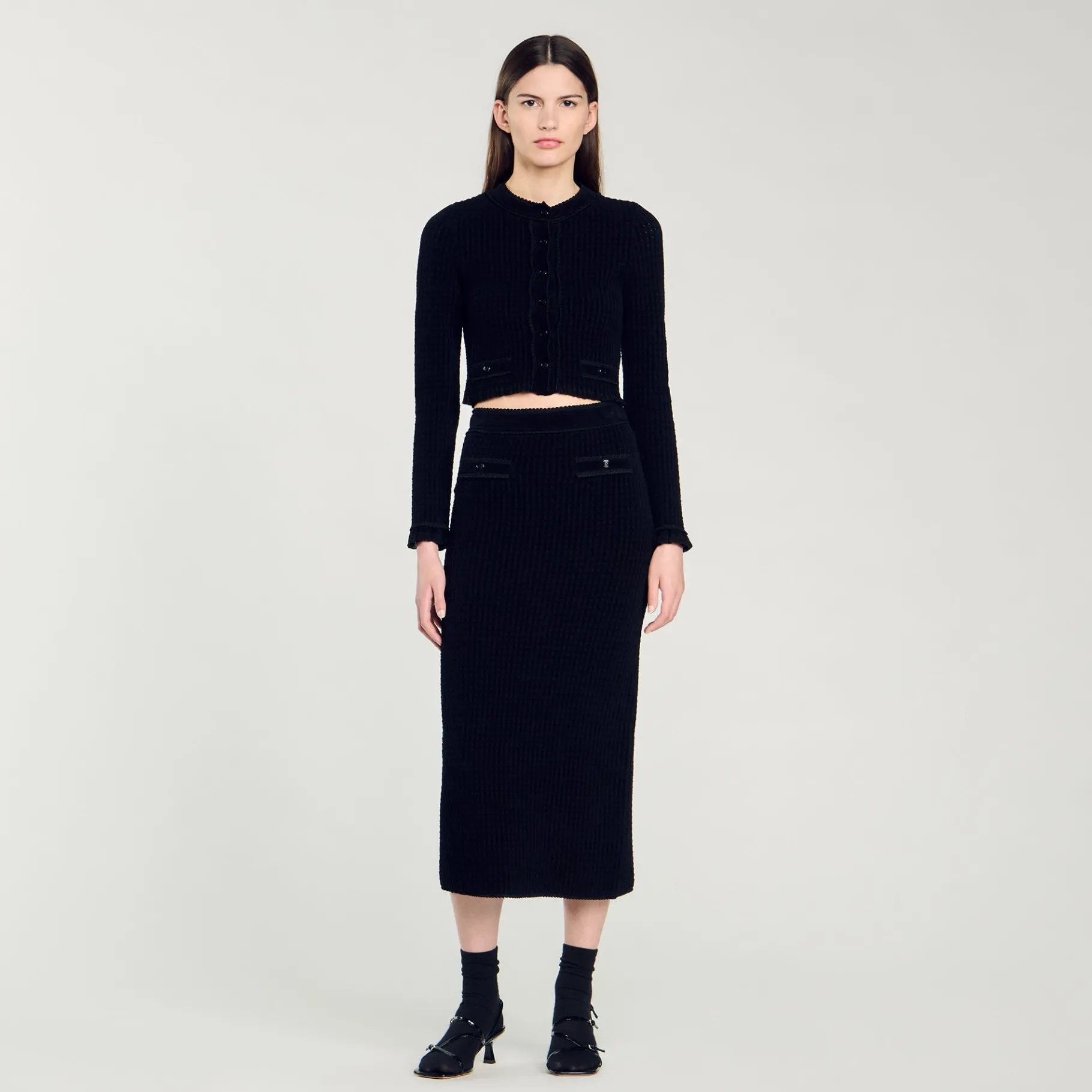 Store SANDRO Cardigan Court En Maille Velours Noir
