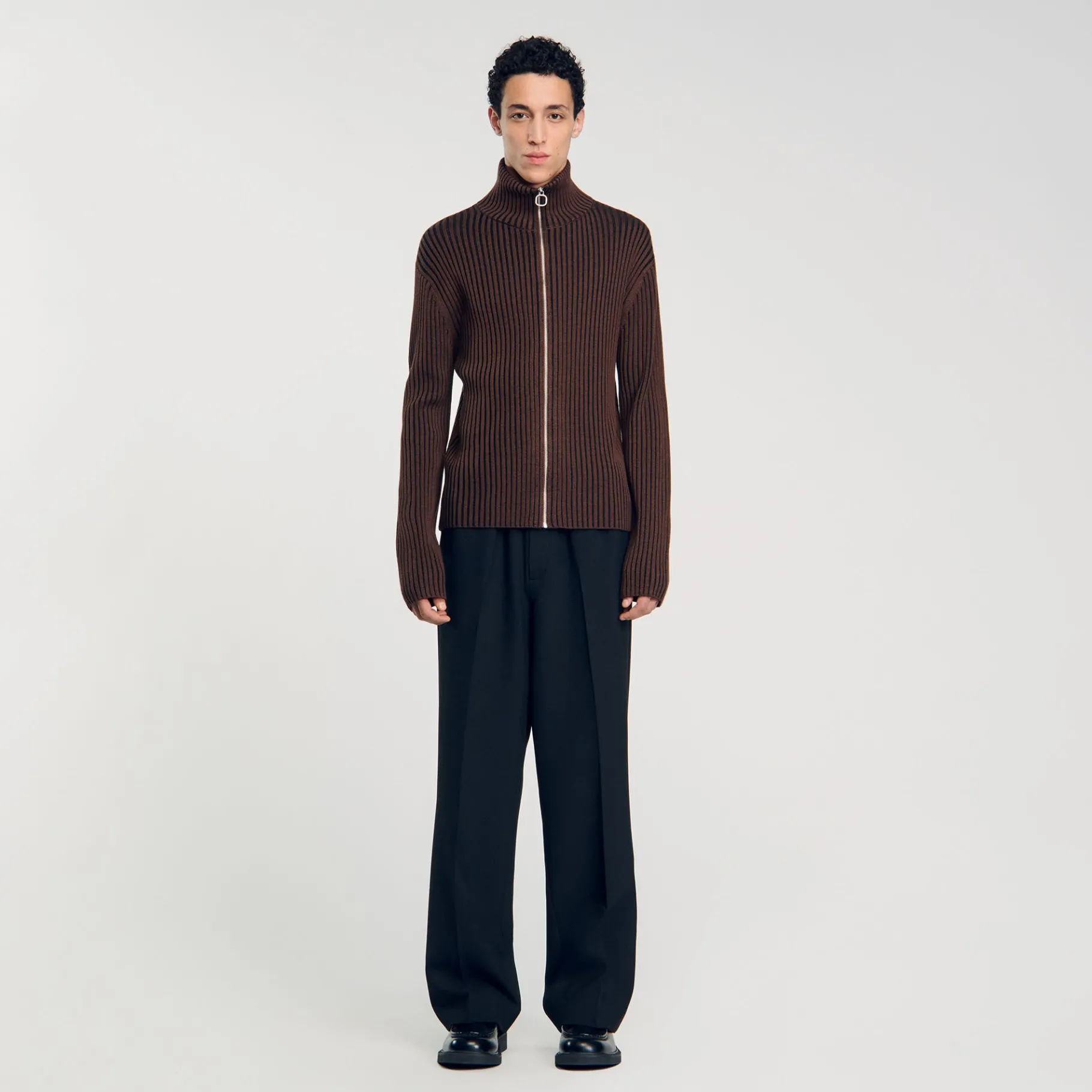 Fashion SANDRO Cardigan Côtelé Marron Clair