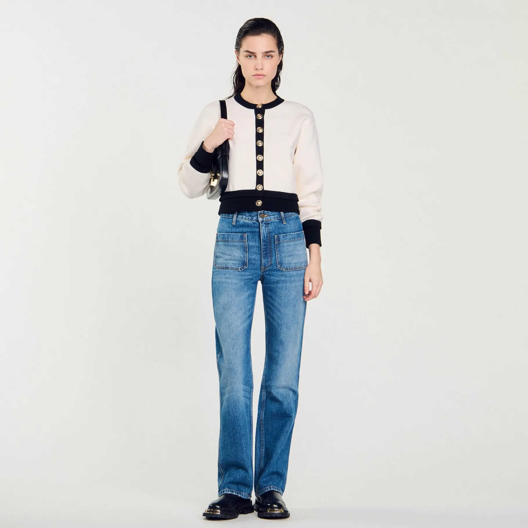 Best Sale SANDRO Cardigan En Maille Ecru / Noir