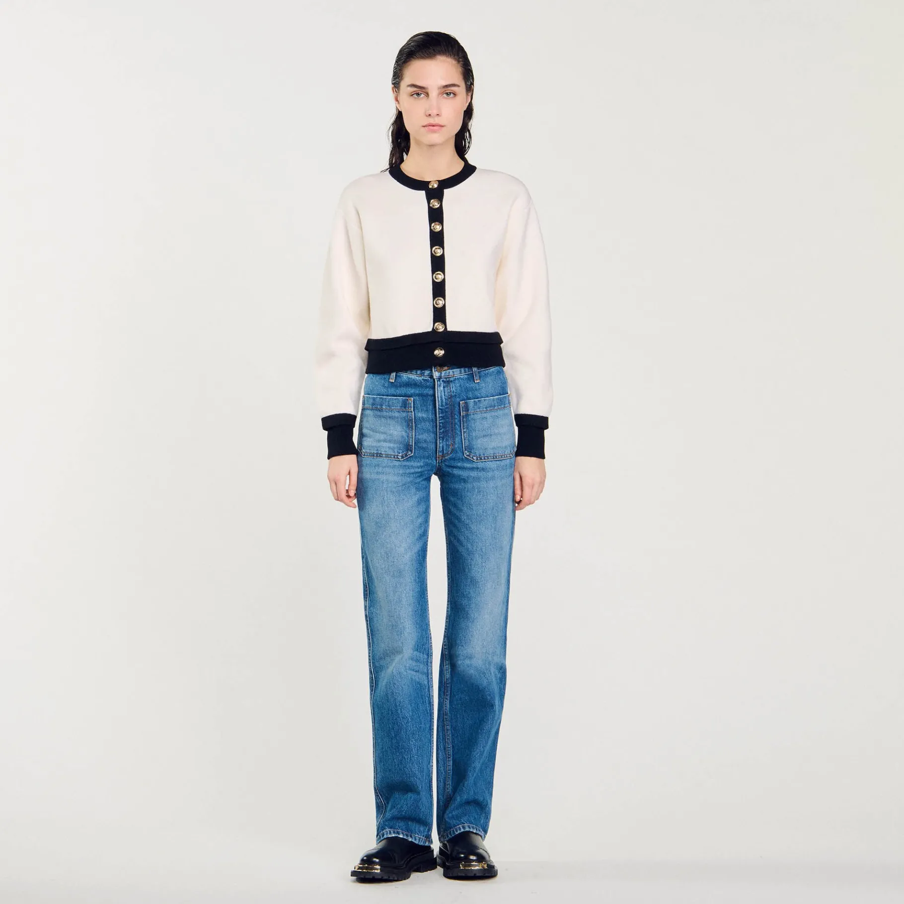 Best Sale SANDRO Cardigan En Maille Ecru / Noir