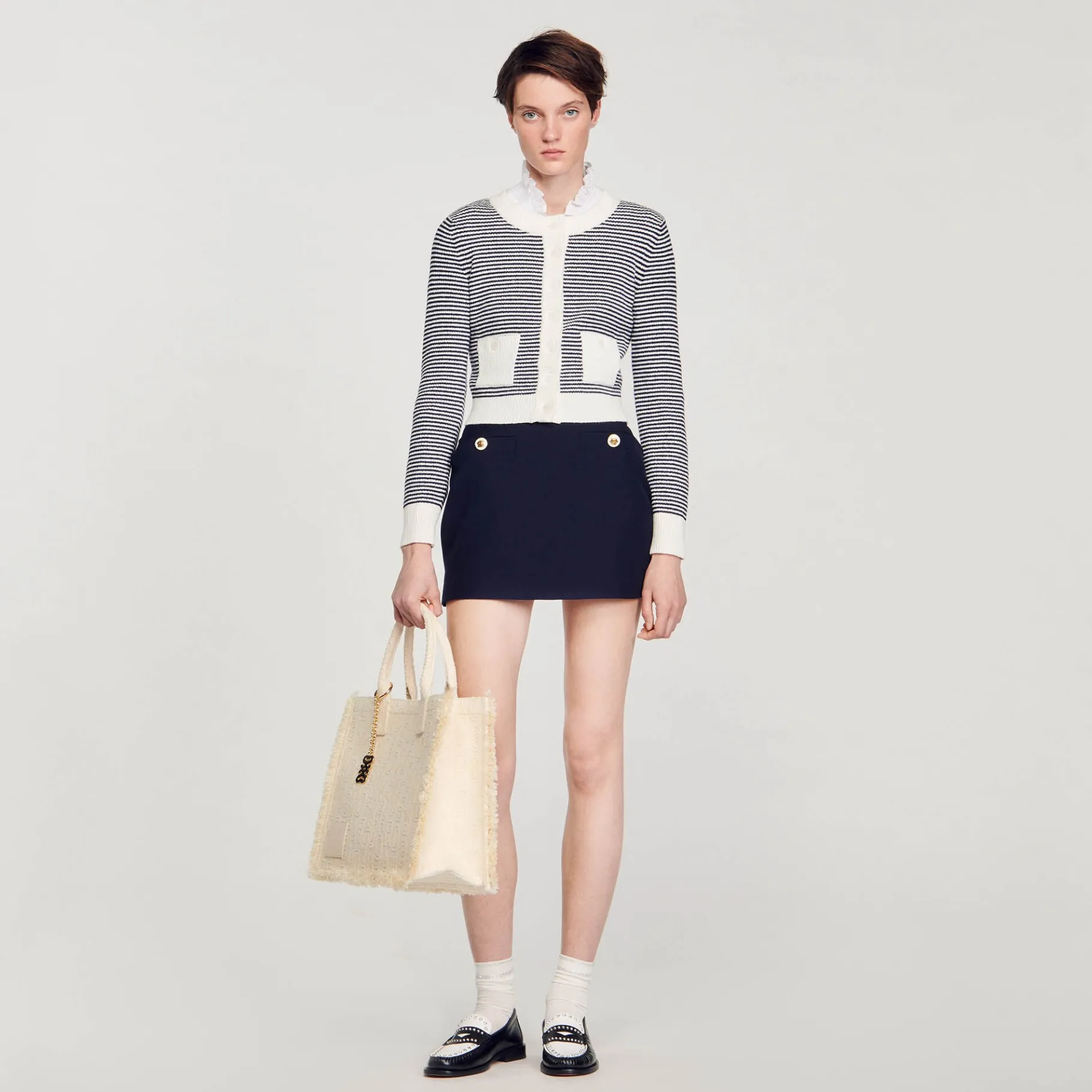 Best SANDRO Cardigan En Maille Bouclette Ecru / Bleu