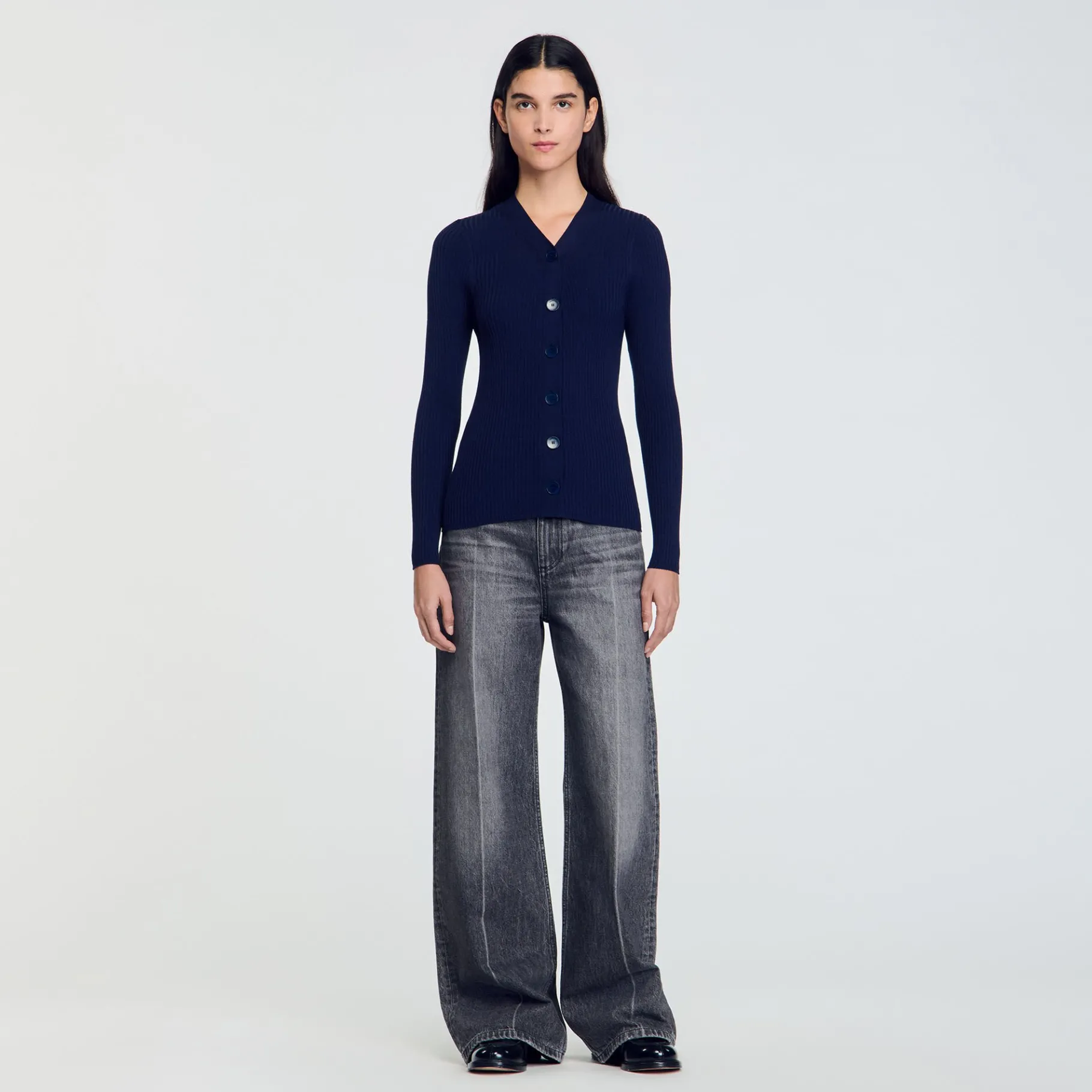 Best Sale SANDRO Cardigan En Maille Côtelée Marine