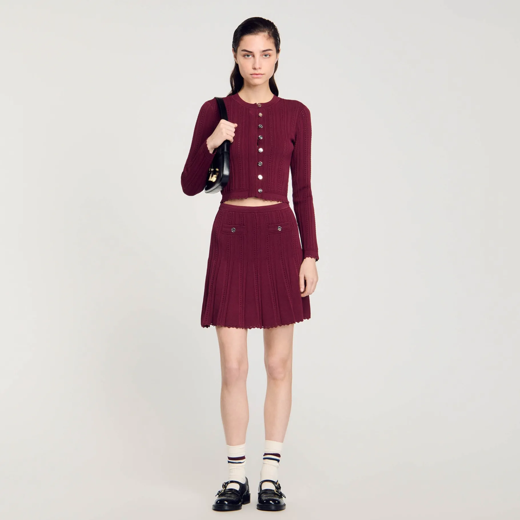 Store SANDRO Cardigan En Maille Torsadée Bordeaux
