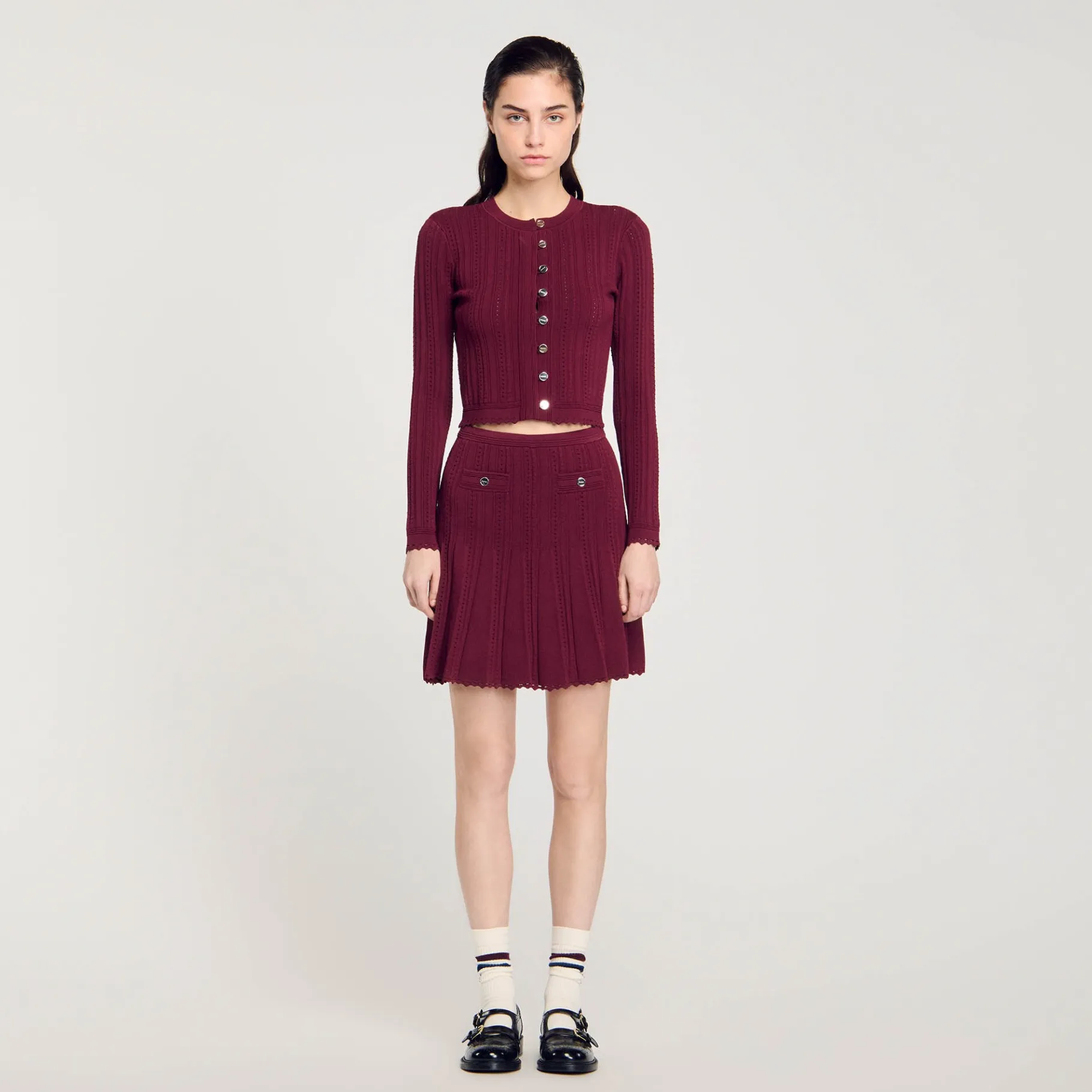 Store SANDRO Cardigan En Maille Torsadée Bordeaux