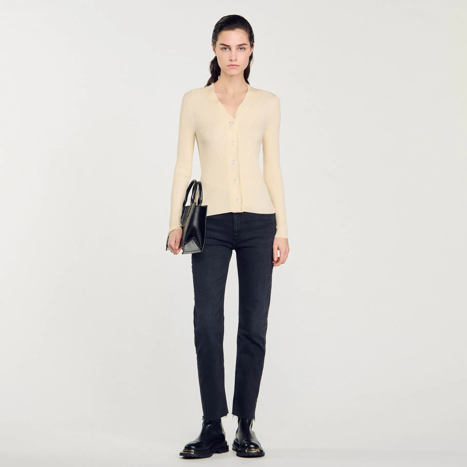 Store SANDRO Cardigan En Viscose Certifiée Ecru
